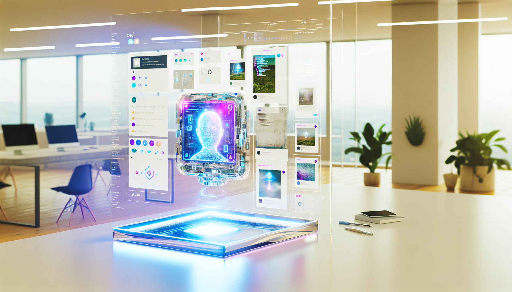Generiere ein Bild, das ein kÃ¼nstliches Intelligenzsystem zeigt, das Inhalte fÃ¼r soziale Medien erstellt. Das KI-Modul wird als futuristisches, transparentes GerÃ¤t mit einem schwebenden holografischen Bildschirm dargestellt. Auf dem beleuchteten Bildschirm sehen wir verschiedene Designwerkzeuge und Codes, die neben Einblicken in virtuelle Kunstwerke und Posts, die Gestalt annehmen, laufen. Es gibt eine sichtbare Kategorisierung und Layout-Planung auf dem Bildschirm, die den strategischen Ansatz der KI zur Erstellung von Inhalten fÃ¼r soziale Medien widerspiegelt. Dieses Szenario findet in einem modernen, minimalistischen Arbeitsplatz statt, der mit Zimmerpflanzen, sanftem Umgebungslicht und sauberen, glÃ¤nzenden OberflÃ¤chen gefÃ¼llt ist.