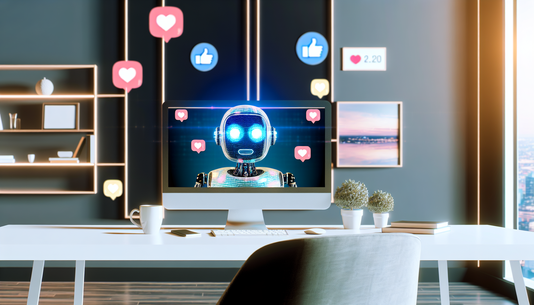 Erstellen Sie ein Bild, das ein kÃ¼nstliches Intelligenzsystem zeigt, das Inhalte fÃ¼r soziale Medien generiert. Die kÃ¼nstliche Intelligenz kann mÃ¶glicherweise als futuristische ComputeroberflÃ¤che oder als Roboter dargestellt werden, der an einem Schreibtisch sitzt, wÃ¤hrend ein Computerbildschirm verschiedene Symbole fÃ¼r soziale Medien wie Likes, Kommentare und Teilen-Icons zeigt. Der Raum sollte gut beleuchtet sein und eine moderne Einrichtung aufweisen, mÃ¶glicherweise mit einer Vielzahl von technischen GerÃ¤ten in der Umgebung. Bitte bewahren Sie eine neutrale und technologiefreundliche AtmosphÃ¤re.