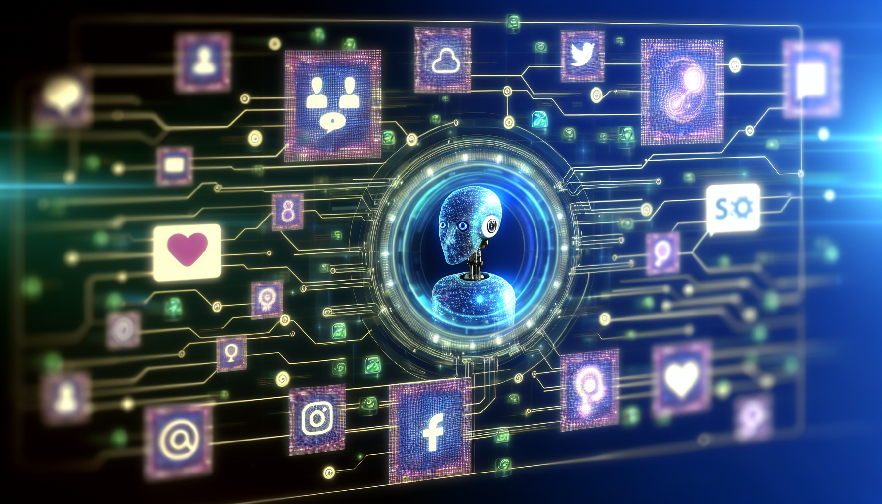 Erstellen Sie ein Bild, das ein KÃ¼nstliche Intelligenz-System zeigt, das Inhalte fÃ¼r soziale Medien erstellt. Zeigen Sie eine futuristische BenutzeroberflÃ¤che mit zahlreichen miteinander verbundenen Schaltkreisen und digitalen Symbolen, die verschiedene soziale Medienplattformen symbolisieren. In der Szene sollte ein schwebender holografischer Bildschirm zu sehen sein, auf dem die KI aktiv Inhalte plant und strategisiert. Die KI sollte als intelligente EntitÃ¤t erscheinen und nicht als humanoider Roboter.