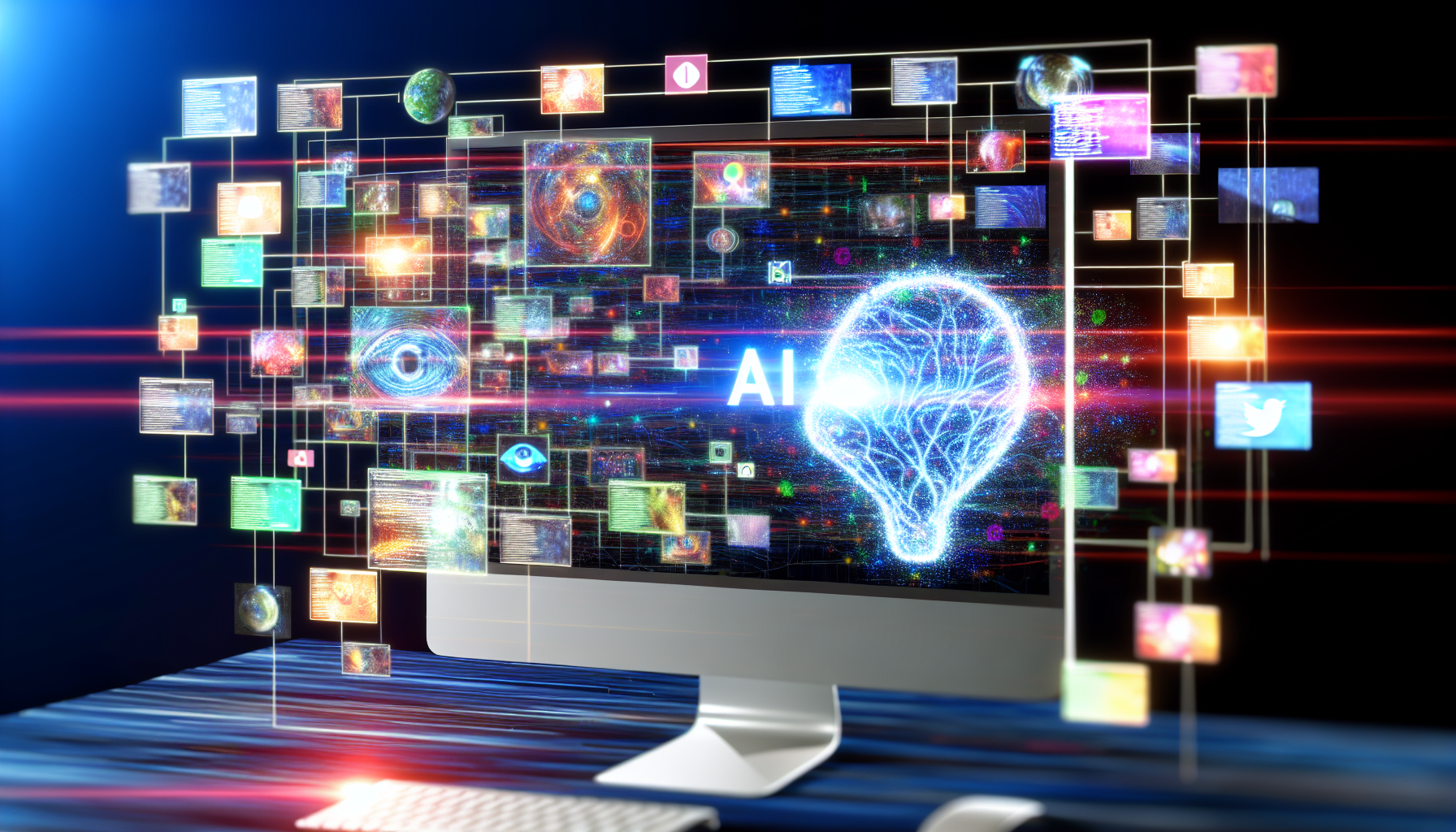 Erzeuge ein Bild eines Computers, der mit verschiedenen sozialen Medien verbunden ist, Ã¤hnlich einem riesigen Dashboard, das vielfÃ¤ltige DatenstrÃ¶me wie BeitrÃ¤ge, Kommentare und Benachrichtigungen anzeigt. Die KI, dargestellt als leuchtende kognitive Struktur, die mit den Plattformen verknÃ¼pft ist, kuratiert und generiert aktiv Inhalte. Der Bildschirm ist gefÃ¼llt mit kreativen Memes, fesselnden Geschichten und ansprechenden Infografiken. Ein abstraktes KI-Logo befindet sich in der Ecke und symbolisiert die treibende Kraft hinter den Inhalten.