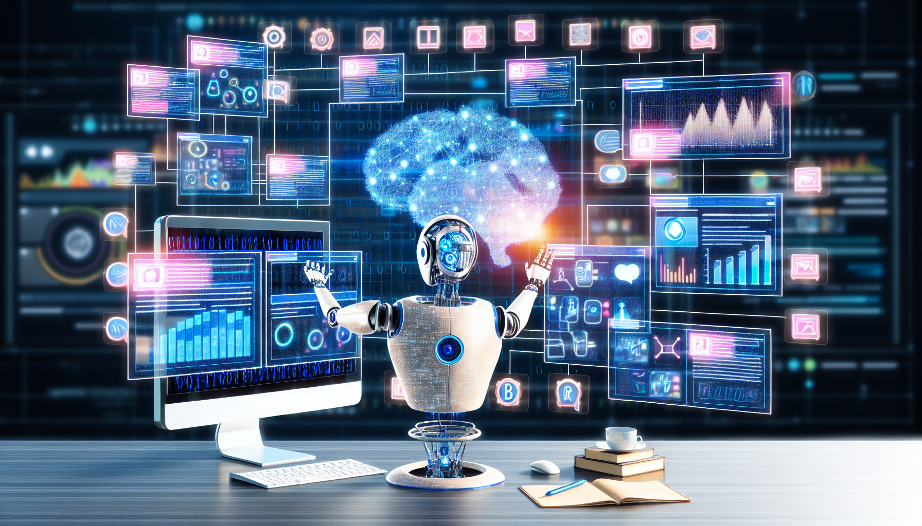 Erstellen Sie eine Visualisierung eines KÃ¼nstlichen Intelligenz (KI) Systems, das fleiÃŸig Inhalte fÃ¼r soziale Medien entwirft. Die KI-Maschine kÃ¶nnte als futuristische Computerarbeitsstation dargestellt werden, umgeben von holografischen Bildschirmen und komplexen Diagrammen, die ihre analytischen FÃ¤higkeiten signalisieren. Die Bildschirme kÃ¶nnten verschiedene Arten von Inhalten wie BlogbeitrÃ¤ge, Tweets, Grafiken und Videos anzeigen. Technologische Elemente wie StrÃ¶me von BinÃ¤rcodes, miteinander verbundene Knoten, die ein Netzwerk symbolisieren, und Hinweise auf maschinelles Lernen kÃ¶nnten als Details hinzugefÃ¼gt werden.