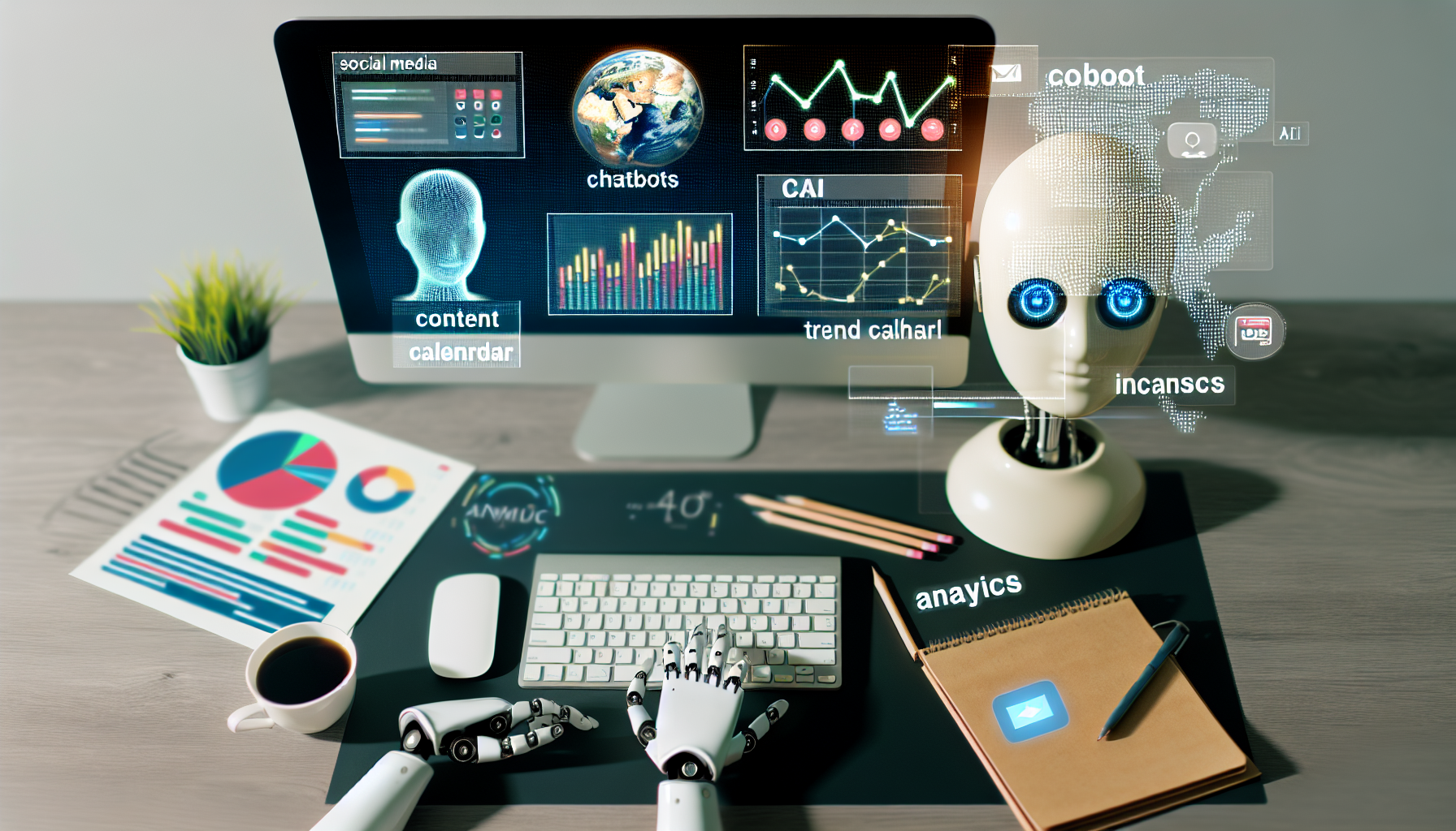 Erstellen Sie ein Bild eines KI-gestÃ¼tzten Arbeitsplatzes, der verschiedene technische Werkzeuge zeigt, darunter einen Computer mit einem Social-Media-Dashboard auf dem Bildschirm, Chatbots, Trendgrafiken, einen Inhaltskalender und Analysecharts. FÃ¼gen Sie auch einen humanoiden Roboter hinzu, der auf der Tastatur tippt, um die Rolle der KI bei der Erstellung von Inhalten fÃ¼r soziale Medien widerzuspiegeln.