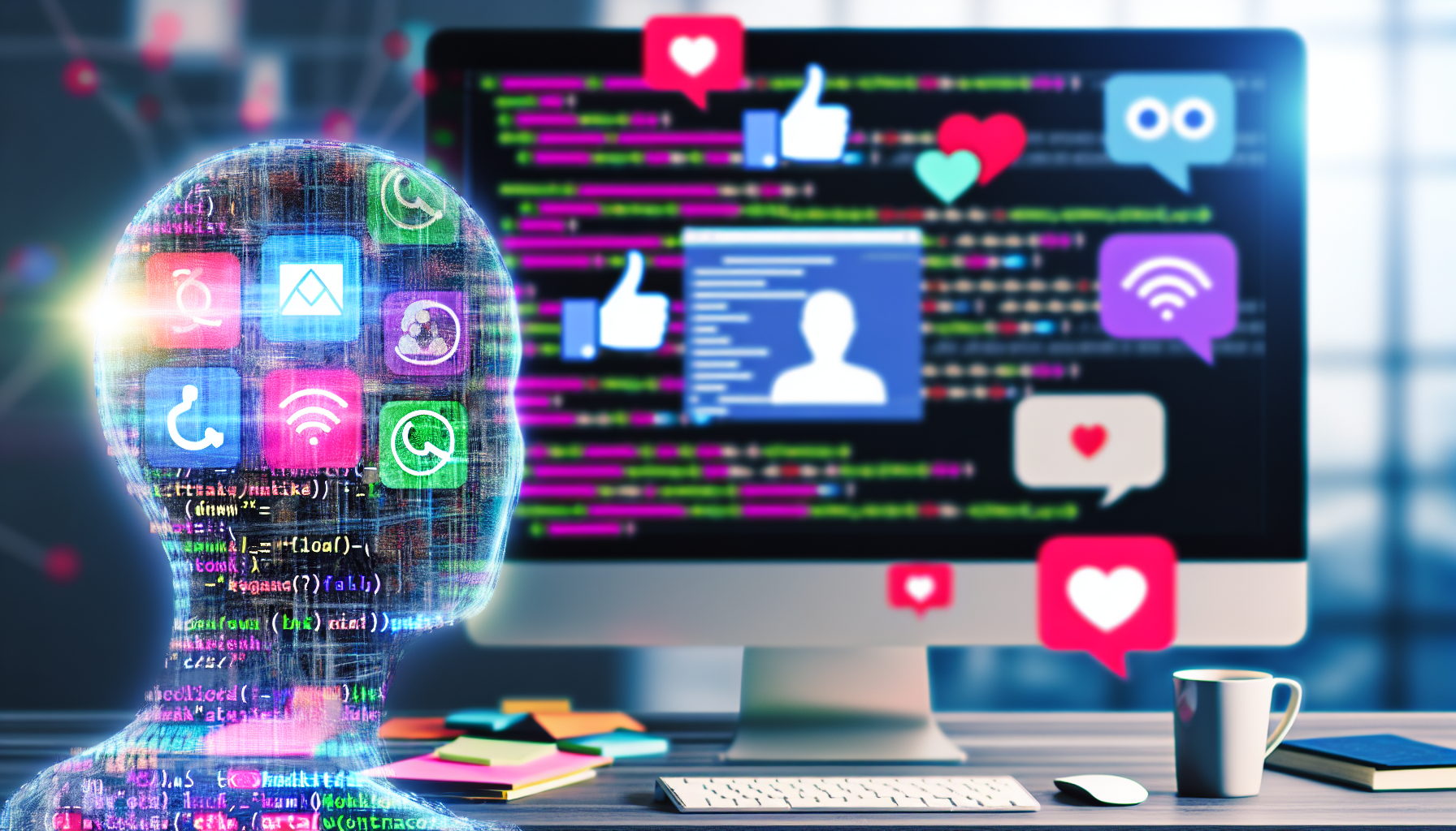 Ein Bild, das eine kÃ¼nstliche Intelligenz zeigt, die einen Computer verwendet, um verschiedene Arten von Inhalten fÃ¼r soziale Medien zu generieren, einschlieÃŸlich Infografiken, BlogbeitrÃ¤gen und Videos. Der Computer-Code wird auf dem Monitor angezeigt und symbolisiert den KI-Prozess. FÃ¼gen Sie Elemente hinzu, die soziale Medienplattformen reprÃ¤sentieren, wie die Umrisse von Sprechblasen, die typischen Herz- und Daumen-hoch-Icons sowie mehrfarbige Bilder, um die Lebhaftigkeit von Inhalten in sozialen Medien zu suggerieren. Achten Sie darauf, die Umgebung in einem modernen, technologiegetriebenen BÃ¼ro zu halten.