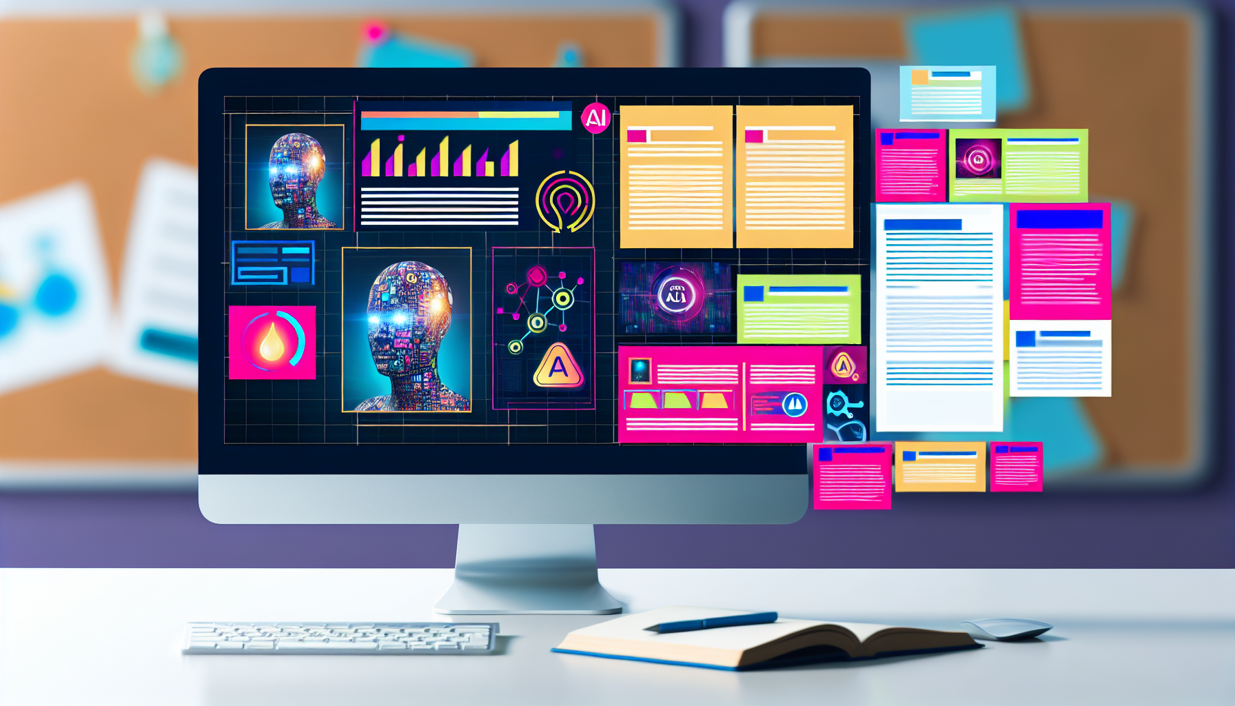 Erstellen Sie ein Bild, das das Konzept der Erstellung von Inhalten fÃ¼r soziale Medien mithilfe von KÃ¼nstlicher Intelligenz darstellt. Zeigen Sie einen Computer-Desktop-Bildschirm, der eine Reihe von vielfÃ¤ltigen BeitrÃ¤gen prÃ¤sentiert, einschlieÃŸlich TextbeitrÃ¤gen, Bildern und Infografiken. Stellen Sie eine Software-OberflÃ¤che mit KI-bezogenen Symbolen und Infografiken dar, um die Beteiligung der KI zu veranschaulichen. Achten Sie darauf, dass alle angezeigten Inhalte professionell aussehen und lebendige Farben verwendet werden, um Aufmerksamkeit zu erregen. Stellen Sie sicher, dass alle verschiedenen Arten von Social-Media-BeitrÃ¤gen gleichmÃ¤ÃŸig im Design vertreten sind. Denken Sie daran, dass die KI-Software als das zentrale Element im Bild hervorgehoben werden sollte.