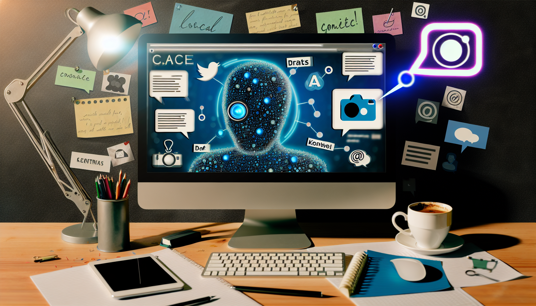 Erstellen Sie ein Bild, das den Prozess der Erstellung von Inhalten fÃ¼r soziale Medien mithilfe von kÃ¼nstlicher Intelligenz darstellt. Zeigen Sie einen Desktop-Computer mit geÃ¶ffneter KI-Software sowie verschiedene Social-Media-Logos (wie einen Vogel, eine Kamera, eine Sprechblase), die Ã¼ber dem Bildschirm schweben. Rund um den Computer sollten Notizen, eine Kaffeetasse und eine Schreibtischlampe fÃ¼r zusÃ¤tzlichen Kontext platziert sein. Betonen Sie die KI-Software, die an Inhaltsideen arbeitet, mÃ¶glicherweise mit verschiedenen EntwÃ¼rfen, Grafiken und SchlÃ¼sselwÃ¶rtern auf dem Bildschirm.