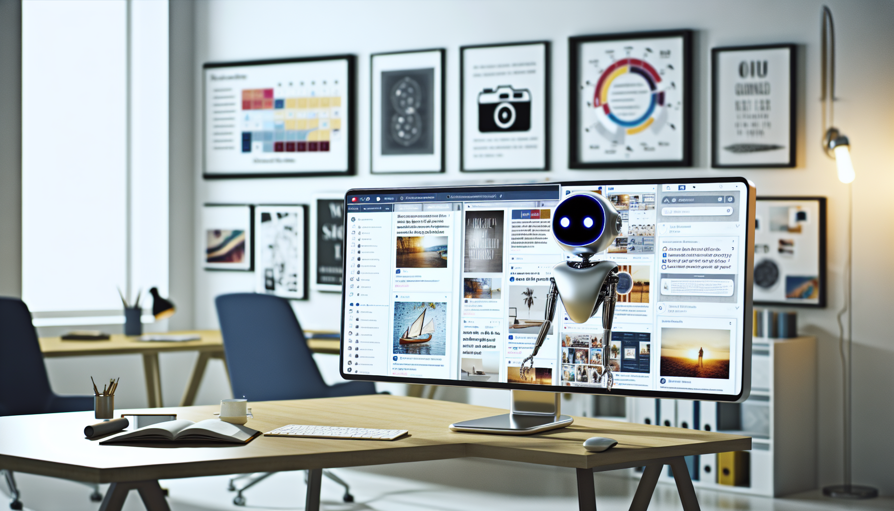 Ein KI-System, das Inhalte fÃ¼r soziale Medien generiert. Das KI-System wird als schlanker, futuristischer Computer dargestellt, der in einem gut beleuchteten modernen BÃ¼ro steht. Der Computerbildschirm ist lebhaft mit verschiedenen offenen Fenstern - ein Hinweis auf eine Fotobearbeitungssoftware, ein Dokument mit eingÃ¤ngigen Bildunterschriften und einem strategischen Zeitplanungsdiagramm. Es gibt Vorschauen auf BeitrÃ¤ge, die eine Vielzahl von Themen von Reisen Ã¼ber Mode bis hin zu Technologie zeigen. Die KI scheint diese Aufgaben mÃ¼helos zu jonglieren, ihre vielen Operationen scheinen nahtlos zusammenzuflieÃŸen. In der Zwischenzeit ist das BÃ¼ro voller GegenstÃ¤nde, die KreativitÃ¤t und Innovation widerspiegeln, wie eine Kamera, ein Notizbuch und inspirierende Wandkunst.