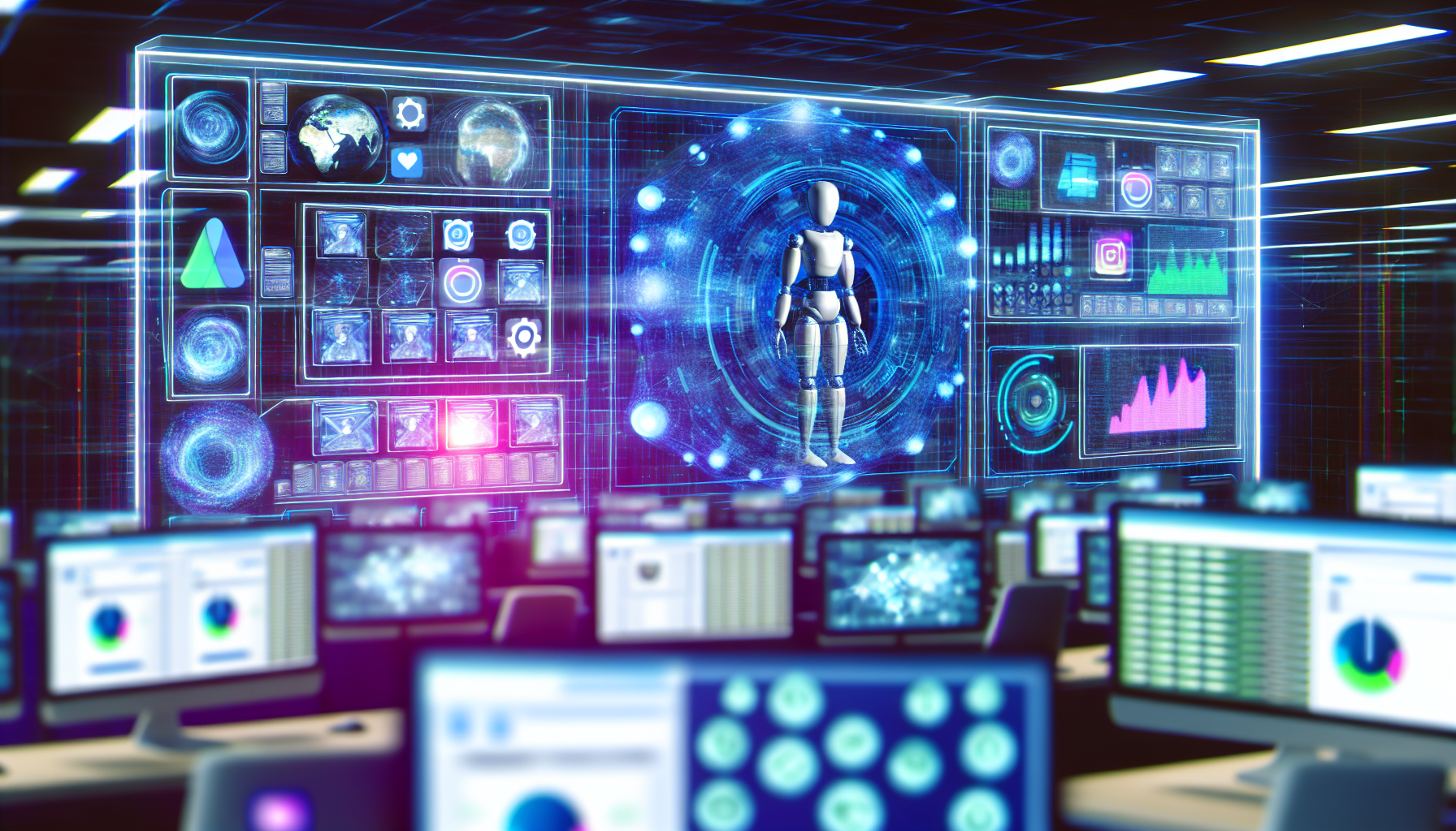 Erstellen Sie ein Bild, das das Konzept der Erstellung von Inhalten fÃ¼r soziale Medien mit KÃ¼nstlicher Intelligenz darstellt. Stellen Sie sich einen futuristischen Kontrollraum vor, in dem groÃŸe Monitore verschiedene soziale Medienplattformen anzeigen, mit DatenstrÃ¶men und Grafiken, die Analysen zeigen. In der Mitte befindet sich ein Supercomputer oder ein fortschrittlicher KI-Bot, der als holografische EntitÃ¤t dargestellt wird und Aufgaben wie das Verfassen von BeitrÃ¤gen, das Bearbeiten von Bildern und das Interpretieren von Daten ausfÃ¼hrt. Rundherum sind digitale Verbindungen zu sehen, die das riesige Kommunikationsnetzwerk der sozialen Medien symbolisieren.