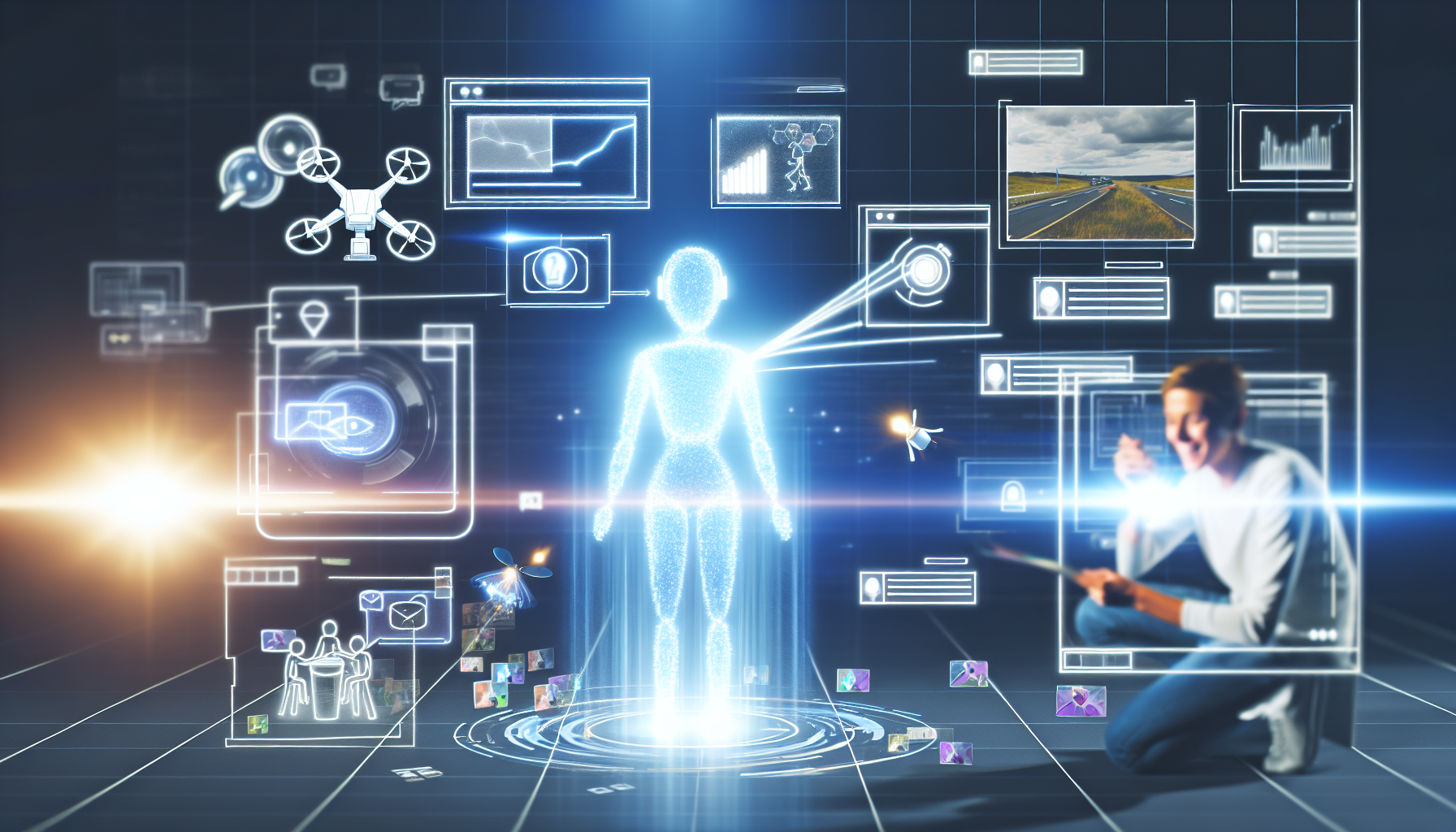Illustration des Prozesses zur Erstellung von Inhalten fÃ¼r soziale Medien mit Hilfe von kÃ¼nstlicher Intelligenz. Stellen Sie sich einen futuristischen Arbeitsplatz vor, an dem ein digitaler KI-Assistent, dargestellt als durchsichtiger Hologramm, mit Lichtstrahlen, die von ihm ausgehen, zu sehen ist. Der Assistent arbeitet mit einem kreativen Fachmann zusammen. Der Assistent entwickelt Marketinginhalte auf mehreren digitalen Bildschirmen, die um sie herum schweben. Die Bildschirme zeigen Ausschnitte von Drohnenaufnahmen, Infografiken, animierten BeitrÃ¤gen und algorithmischen Datenanalysen.