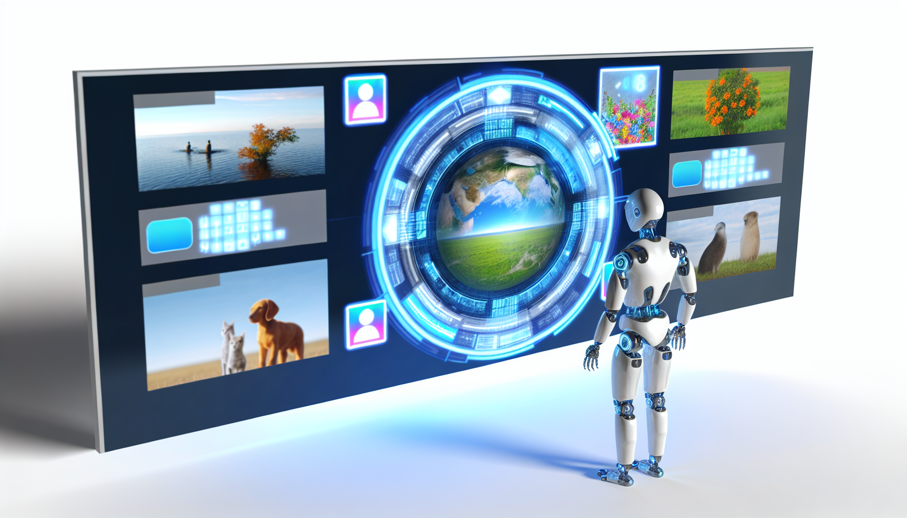 Erstellen Sie ein Bild, das ein kÃ¼nstliches Intelligenzsystem zeigt, das Inhalte fÃ¼r soziale Medien erstellt. Zeigen Sie ein futuristisches GerÃ¤t, mÃ¶glicherweise mit mehreren digitalen Bildschirmen, von denen jeder einen anderen Beitrag fÃ¼r soziale Medien mit vielfÃ¤ltigen Inhalten wie Landschaften, Tieren und GruÃŸnachrichten prÃ¤sentiert. Das GerÃ¤t kÃ¶nnte humanoid oder anders gestaltet sein, sollte jedoch eindeutig mit den digitalen Bildschirmen interagieren, wahrscheinlich mit holografischen Touch-OberflÃ¤chen. Bitte schlieÃŸen Sie keine erkennbaren Symbole oder Logos bestehender sozialer Medienplattformen ein.
