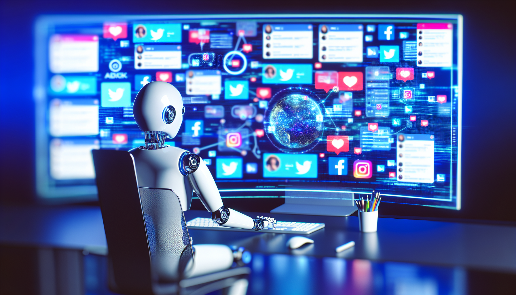 Eine KI, die Inhalte fÃ¼r soziale Medien generiert. Das Bild sollte einen KI-Bot zeigen, der vor einem groÃŸen Bildschirm sitzt, der mit verschiedenen sozialen Medien gefÃ¼llt ist, wie z.B. BeitrÃ¤gen, Fotos, Videos und Interaktionen. Der KI-Bot kommuniziert mit Nutzern, erstellt neue BeitrÃ¤ge, antwortet auf Kommentare und analysiert Daten gleichzeitig, um die LeistungsfÃ¤higkeit und Multitasking-FÃ¤higkeiten der KI im Management von Inhalten in sozialen Medien zu demonstrieren.