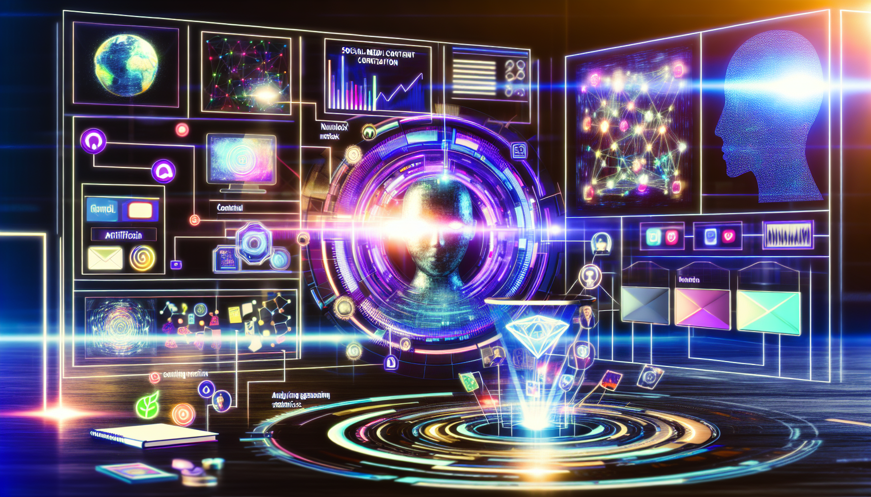 Eine futuristische Szene, die den Prozess der Erstellung von Inhalten fÃ¼r soziale Medien mithilfe von kÃ¼nstlicher Intelligenz veranschaulicht. Das Bild sollte verschiedene visuelle Metaphern darstellen, die kÃ¼nstliche Intelligenz reprÃ¤sentieren, wie fortschrittliche Computer, Diagramme von neuronalen Netzwerken oder holografische Displays. DarÃ¼ber hinaus sollte es verschiedene Aspekte der Erstellung von Inhalten fÃ¼r soziale Medien zeigen, wie das Entwerfen von Infografiken, das Schreiben von Bildunterschriften, das Planen von BeitrÃ¤gen und das Analysieren von Nutzerengagement-Statistiken. Alles sollte lebendig und farbenfroh sein und die dynamische, schnelllebige Natur der sozialen Medien einfangen.
