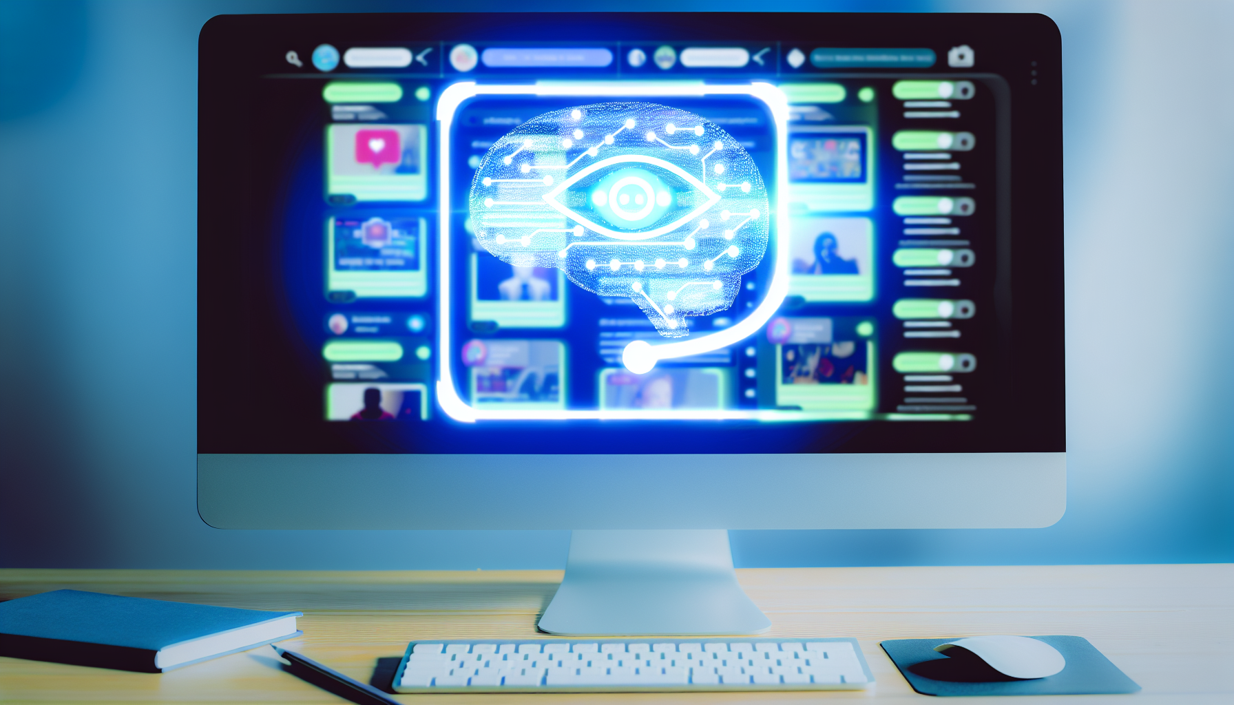 Erzeuge ein Bild, das einen Computerbildschirm zeigt, auf dem eine BenutzeroberflÃ¤che einer Social-Media-Anwendung zu sehen ist. Die App ist mit verschiedenen Arten von Inhalten gefÃ¼llt, wie BeitrÃ¤gen, Bildern und Videos. Ein Symbol fÃ¼r kÃ¼nstliche Intelligenz schwebt Ã¼ber dem Bildschirm und weist auf die Rolle der KI bei der Inhaltserstellung hin. Die KI wird als leuchtendes, Ã¤therisches Gehirn dargestellt, das Ã¼ber dem Computer schwebt.