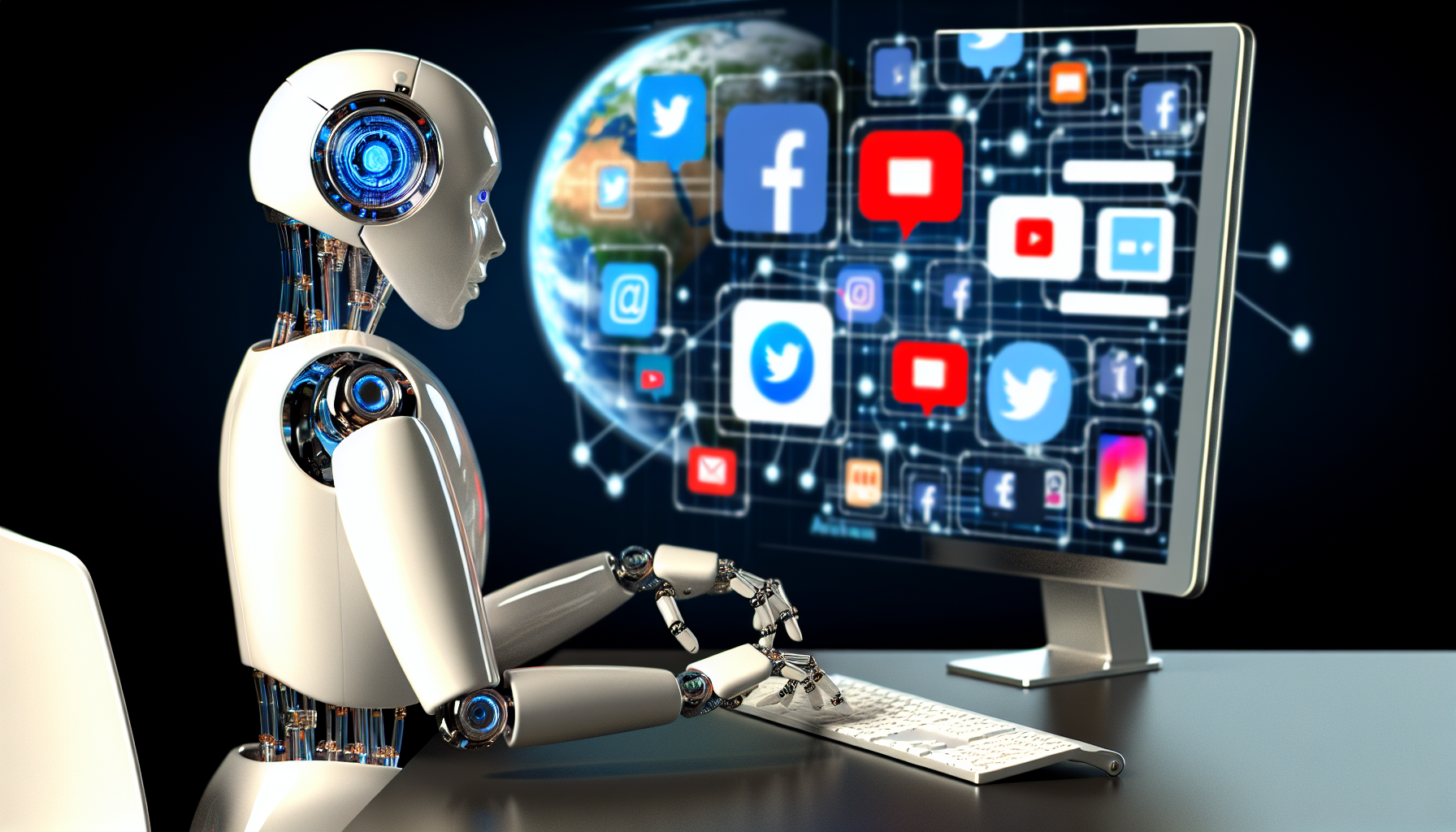 Erstellen Sie ein Bild, das das Konzept der kÃ¼nstlichen Intelligenz darstellt, die Inhalte fÃ¼r soziale Medien generiert. Zeigen Sie einen humanoiden Roboter, der an einem Schreibtisch sitzt, vor einem technologisch fortschrittlichen Computerbildschirm. Der Bildschirm zeigt verschiedene soziale Medien-Apps wie eine Messaging-App, eine Foto-Sharing-App und einen Mikroblogging-Dienst. Der Roboter sollte einen konzentrierten Ausdruck haben und mit seinen metallischen Fingern auf der futuristischen Tastatur tippen. Keine erkennbaren Logos oder spezifische Marken einfÃ¼gen.