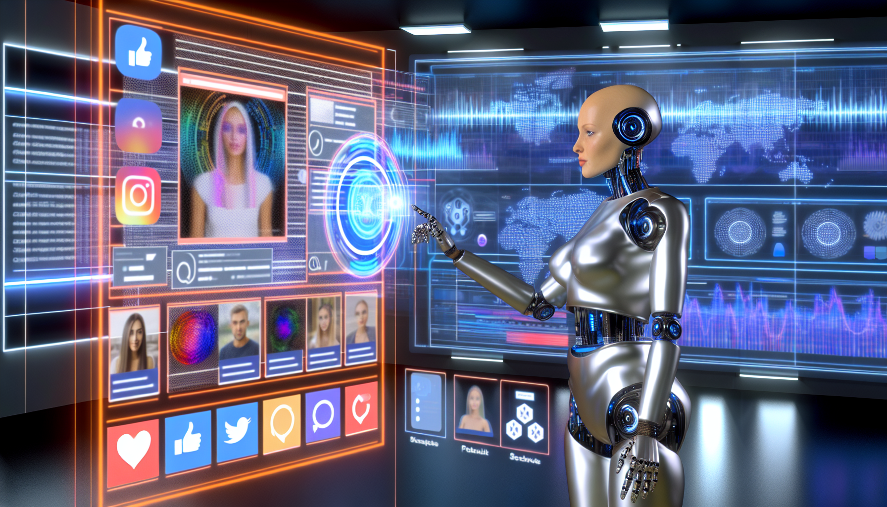 Erstellen Sie ein Bild eines futuristischen kÃ¼nstlichen Intelligenzprogramms, das Inhalte fÃ¼r soziale Medien erstellt. Die Szene sollte einen holografischen Bildschirm zeigen, der verschiedene Vorschauen von BeitrÃ¤gen und Symbole beliebter sozialer Netzwerke anzeigt. An der Seite sollte die greifbare Manifestation der KI, dargestellt als androgynes Roboterwesen mit schlanker, metallischer Haut, die BenutzeroberflÃ¤che navigieren, Bilder auswÃ¤hlen, Texte schreiben und BeitrÃ¤ge planen. Der Hintergrund sollte einen hochmodernen Arbeitsplatz zeigen, in dem Diagramme und DatenstrÃ¶me sichtbar sind und das GefÃ¼hl eines geschÃ¤ftigen digitalen Kommandos vermittelt.