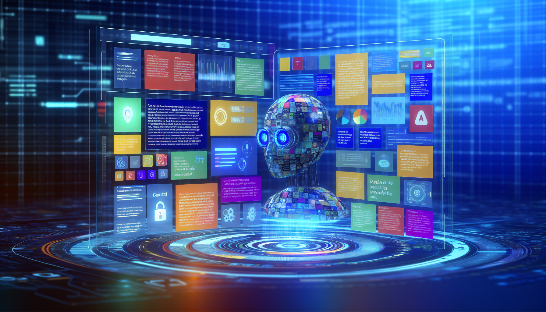 Eine kÃ¼nstliche Intelligenz, die Inhalte fÃ¼r soziale Medien auf einer futuristischen BenutzeroberflÃ¤che erstellt. Sie fÃ¼llt den Bildschirm mit bunten Infografiken und BlÃ¶cken prÃ¤gnanter, ansprechender Texte. Verschiedene Registerkarten und Widgets zeigen eine Mischung aus erstellten Inhalten, die von eingÃ¤ngigen Blogtiteln und kreativen Grafiken bis hin zu fesselnden BeitrÃ¤gen reichen, um einen ansprechenden und dennoch kohÃ¤renten Feed zu gewÃ¤hrleisten. Der Hintergrund, der subtil mit kÃ¼hlem Blau und warmem Orange digitalem Licht leuchtet, umreiÃŸt die schlanke, digitale Silhouette der KI und symbolisiert ihren Beitrag zum gesamten Prozess.