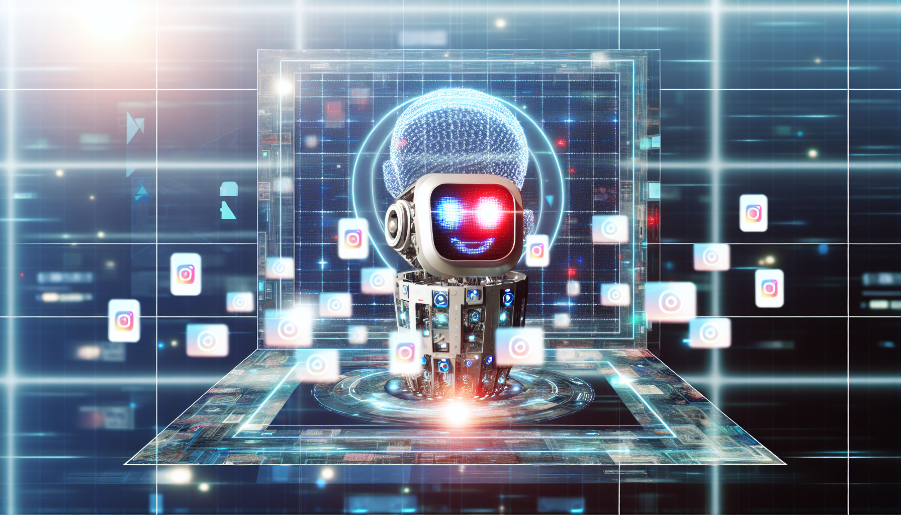 Erstellen Sie ein Bild, das das Konzept der KÃ¼nstlichen Intelligenz (KI) darstellt, die zur Erstellung von Inhalten fÃ¼r soziale Medien verwendet wird. Stellen Sie sich eine futuristische KI-Maschine vor, die dynamische digitale Bildschirme zeigt, auf denen Symbole und BeitrÃ¤ge von sozialen Medien dargestellt sind. Die Maschine sollte aktiv Inhalte analysieren und erstellen, vielleicht dargestellt durch kleine 3D-Hologramme von sozialen MedienbeitrÃ¤gen, die um sie herum schweben. Achten Sie darauf, dass die Umgebung eine techno-futuristische AtmosphÃ¤re hat.