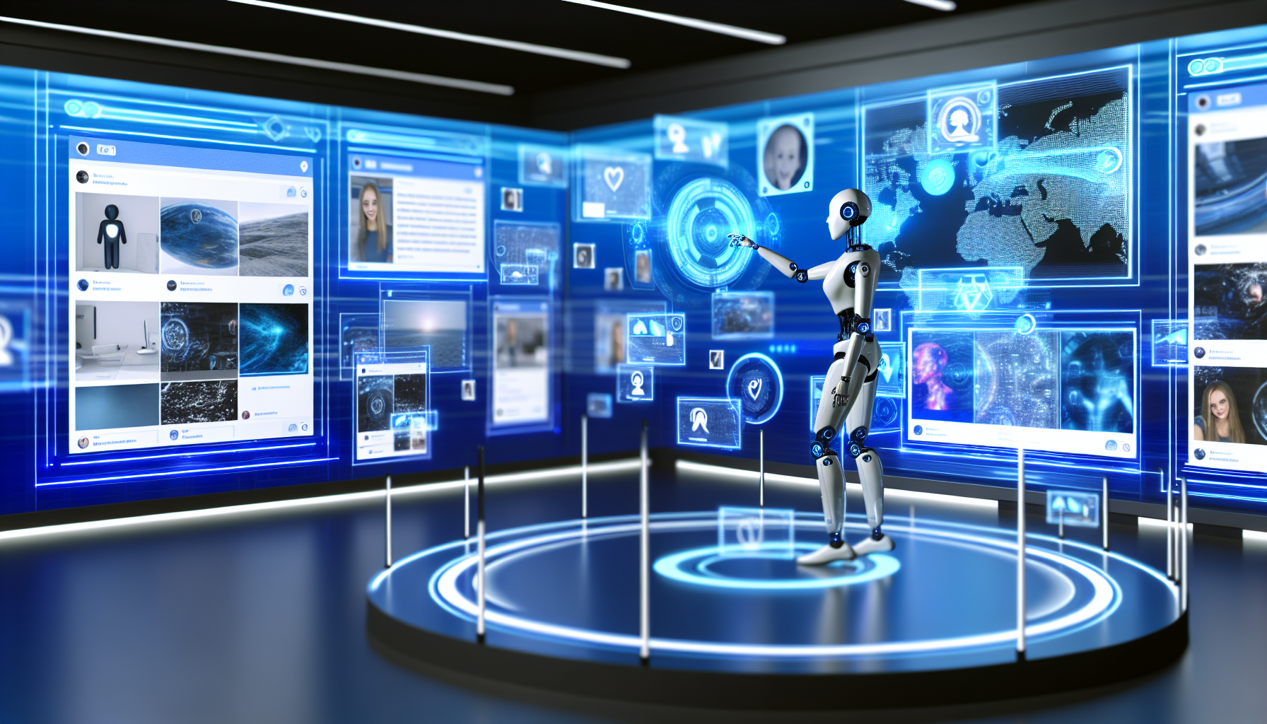 Erstellen Sie ein Bild, das die Erstellung von Social-Media-Inhalten mit kÃ¼nstlicher Intelligenz zeigt. Die Szene sollte einen eleganten, futuristischen Raum darstellen, in dem Bildschirme und Hologramme verschiedene Arten von sozialen Inhalten wie BeitrÃ¤ge, Bilder und Videos anzeigen. FÃ¼gen Sie auch einen humanoiden Roboter hinzu, der mit den digitalen Schnittstellen interagiert, um Social-Media-Inhalte zu posten und zu analysieren.