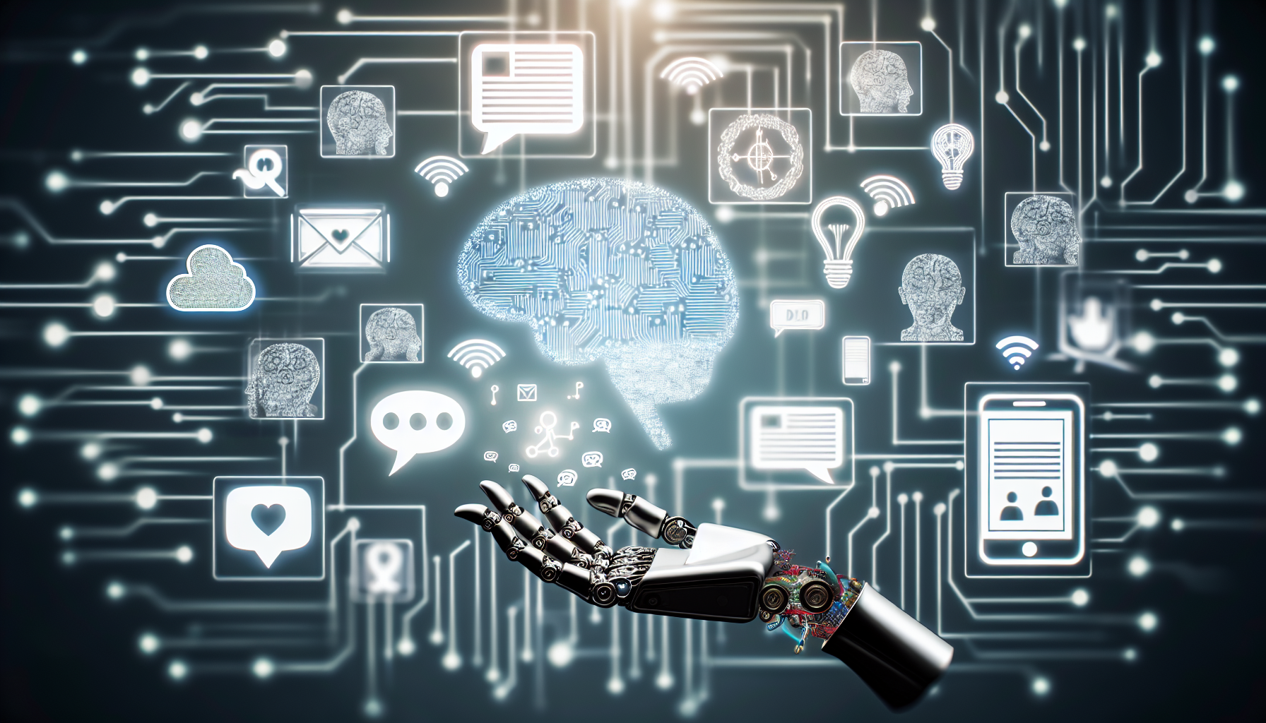 Erstellen Sie ein Bild, das das Konzept der Nutzung von kÃ¼nstlicher Intelligenz zur Generierung von Inhalten fÃ¼r soziale Medien verkÃ¶rpert. Es sollte Symbole der kÃ¼nstlichen Intelligenz enthalten, wie Roboterarme oder Gehirne mit Schaltkreis-Mustern, sowie Icons, die soziale Medien reprÃ¤sentieren, wie Gedankenblasen, Sprechblasen und Logos fiktiver sozialer Plattformen. FÃ¼gen Sie auch digitale GerÃ¤te wie Smartphones oder Laptops hinzu, die generierte BeitrÃ¤ge anzeigen. Die Gesamtstimmung sollte futuristisch sein und fortschrittliche Technologie vermitteln.