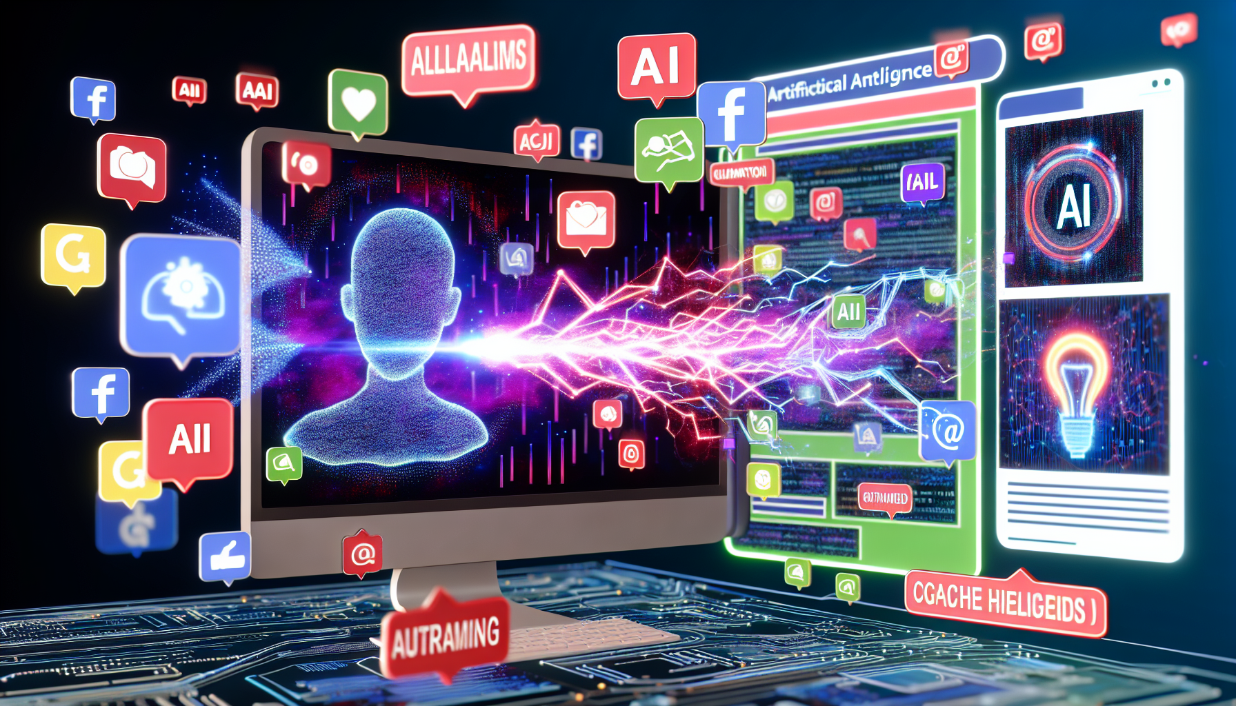 Illustration von KI-Tools, die verwendet werden, um ansprechende Inhalte fÃ¼r soziale Medien zu erstellen. Die Szene zeigt einen groÃŸen Computerbildschirm, auf dem KI-gesteuerte Algorithmen als 3D-grafische DatenstrÃ¶me dargestellt sind. Neben dem Bildschirm gibt es eine Darstellung kreativer Inhalte wie Grafikdesigns, eingÃ¤ngige Ãœberschriften und optimierte BeitrÃ¤ge, visualisiert als ein lebendiges Spektrum von Blitzen, die vom Computerbildschirm in verschiedene schwebende Symbole von sozialen Medien-Apps im digitalen Raum geschossen werden.