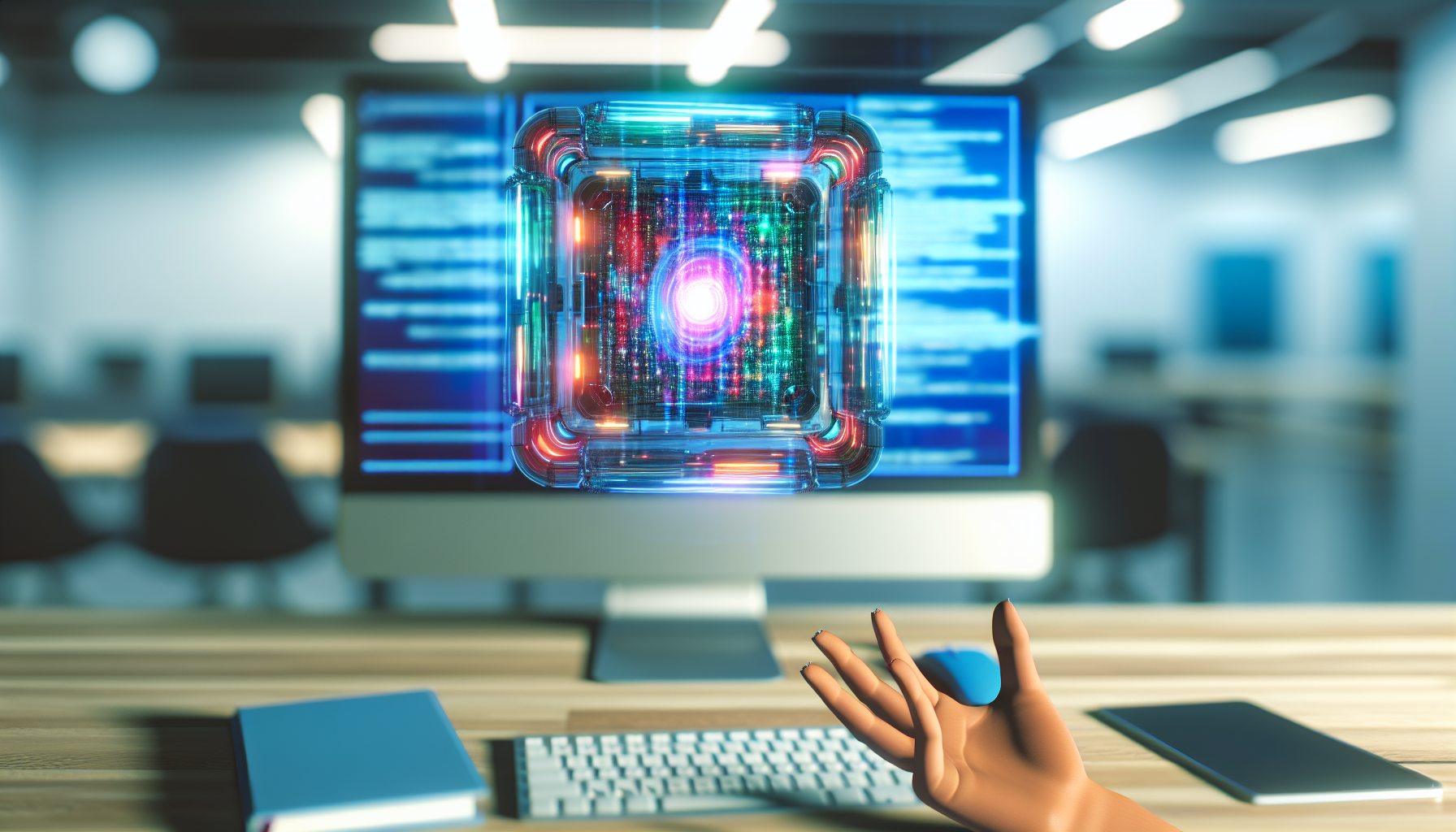 Erstellen Sie ein Bild von kÃ¼nstlicher Intelligenz, die Inhalte fÃ¼r soziale Medien erstellt. Stellen Sie ein futuristisches Computersystem dar, dessen transparenter Bildschirm mit mehrfarbigem Code lÃ¤uft und den Eindruck vermittelt, dass es aktiv dabei ist, einen visuell ansprechenden Social-Media-Beitrag mit kreativem Design und eingÃ¤ngigem Text zu erstellen. Der Hintergrund sollte in einem modernen, hochmodernen Arbeitsplatz mit minimalistischer Gestaltung sein.