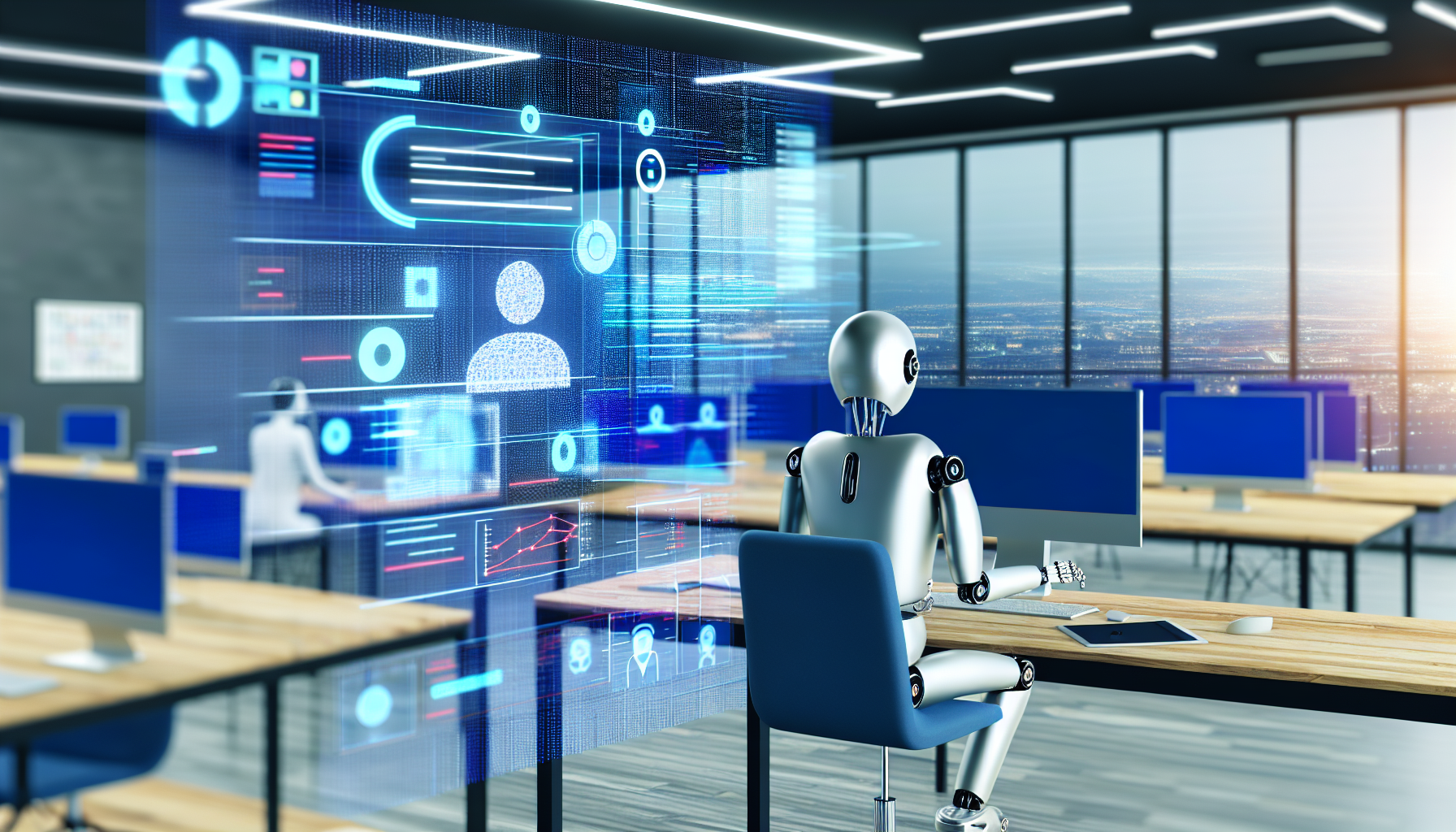 Erstellen Sie ein Bild, das die Erstellung von Inhalten fÃ¼r soziale Medien mit kÃ¼nstlicher Intelligenz visualisiert. Dies sollte eine Illustration eines KI-Bots umfassen, der Aufgaben wie das Verfassen von BeitrÃ¤gen, das Erstellen von Grafiken, das Planen von BeitrÃ¤gen und das Analysieren von Daten Ã¼bernimmt. Der Bot ist anthropomorph und sitzt an einem futuristischen Schreibtisch mit mehreren digitalen Bildschirmen. Im Hintergrund zeigen Sie einen Fluss von Informationen und Daten, dargestellt durch Zahlen und Grafiken. Die Umgebung ist ein modernes BÃ¼ro und die Beleuchtung ist ambient.