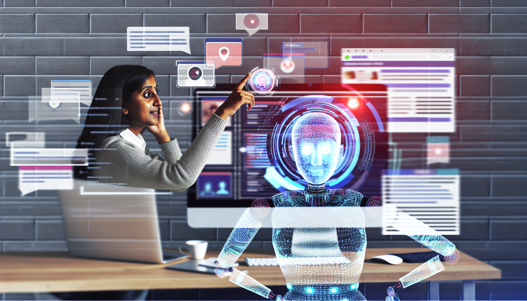 Erstellen Sie ein Bild, das den Prozess der Erstellung von Inhalten fÃ¼r soziale Medien mithilfe von kÃ¼nstlicher Intelligenz darstellt. Die Szene sollte eine sÃ¼dasiatische Frau zeigen, die vor einem Computer sitzt, mit verschiedenen Bildschirmen, die unterschiedliche Aspekte von sozialen Medien wie BeitrÃ¤ge, Hashtags und Analysen anzeigen. Neben ihr sollte eine holographische Projektion eines KI-Assistenten in Aktion dargestellt werden, reprÃ¤sentiert als abstrakte EntitÃ¤t aus wirbelnden Codes, die ihr bei der Vorschlagserstellung von Inhaltsideen und der Datenanalyse hilft.