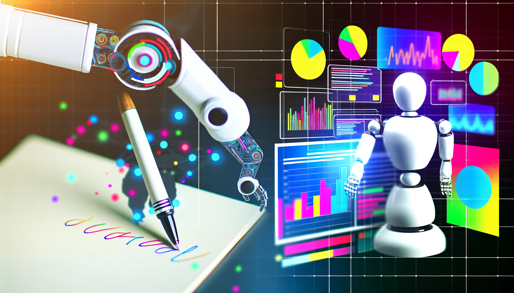 Erstellen Sie ein Bild, das den Prozess der Erstellung von Inhalten fÃ¼r soziale Medien mithilfe von KI-Systemen darstellt. Zeigen Sie einen Roboterarm, der auf der einen Seite einen Stift hÃ¤lt und einen Beitrag auf einer digitalen OberflÃ¤che entwirft. Auf der anderen Seite zeigen Sie Bildschirme, die die Analysen zur Interaktion mit den Inhalten prÃ¤sentieren. FÃ¼gen Sie auch eine breite Farbpalette hinzu, um das kreative Element der Inhaltserstellung zu symbolisieren und die dynamische Natur der sozialen Medien widerzuspiegeln.