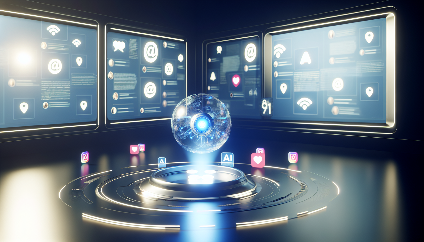 Erstellen Sie ein Bild, das die Erstellung von Inhalten fÃ¼r soziale Medien mithilfe von kÃ¼nstlicher Intelligenz darstellt. Die Szene zeigt ein futuristisches Setup mit einem eleganten Design. Die KI wird als leuchtende Kugel dargestellt, die Ã¼ber einem holografischen Bildschirm schwebt, der mit BeitrÃ¤gen aus sozialen Medien gefÃ¼llt ist. Es gibt verschiedene Symbole, die gÃ¤ngige soziale Medienplattformen reprÃ¤sentieren. Der gesamte Raum wird von dem kÃ¼hlen Licht erleuchtet, das vom holografischen Bildschirm ausgeht.