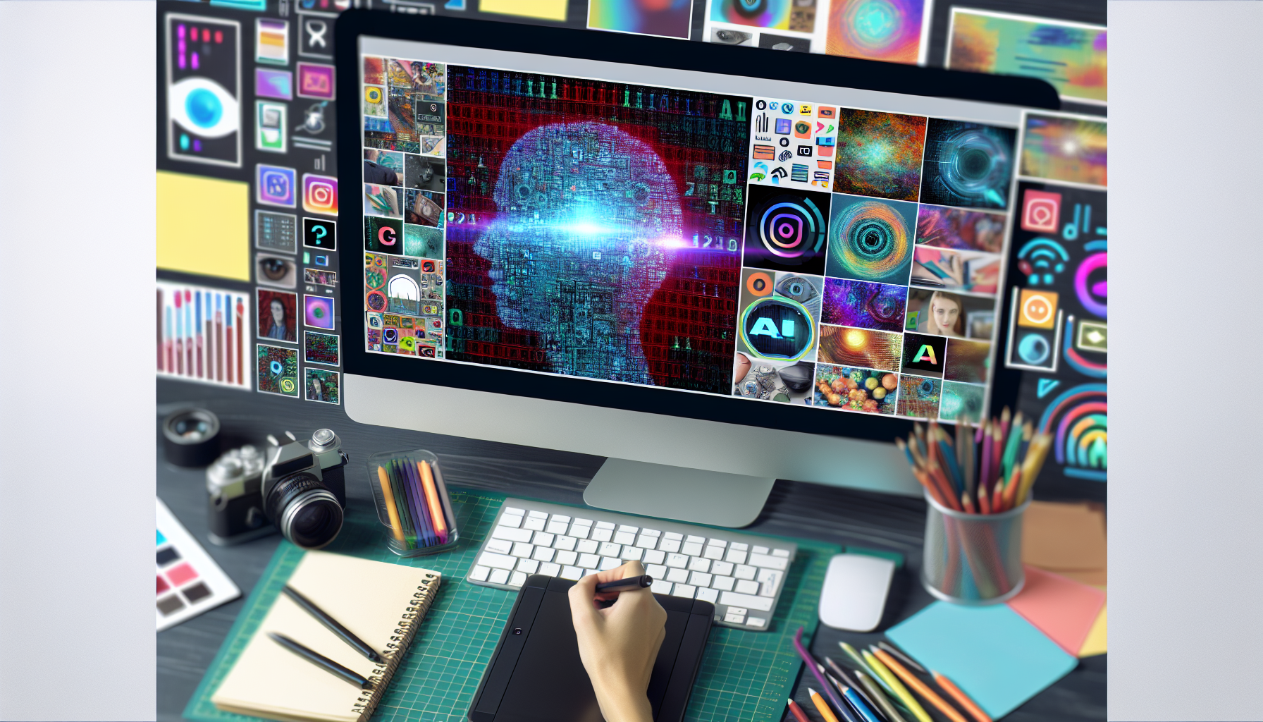 Erstellen Sie ein Bild von kÃ¼nstlicher Intelligenz-Technologie, die eine Vielzahl von Inhalten fÃ¼r soziale Medienplattformen generiert. Illustrieren Sie dies durch eine digitale BenutzeroberflÃ¤che auf einem Computerbildschirm, die zeigt, wie die KI-Software eine abwechslungsreiche Palette von Materialien produziert: farbenfrohe Grafiken, auffÃ¤llige Fotos, interessante BlogbeitrÃ¤ge und ansprechende Video-Thumbnails. FÃ¼llen Sie den Hintergrund um den Bildschirm mit gÃ¤ngigen Werkzeugen, die mit der Inhaltserstellung verbunden sind, wie ein Grafiktablett, einen Stylus-Stift, eine Digitalkamera, ein Notizbuch und Werbematerialien wie BroschÃ¼ren und Poster.