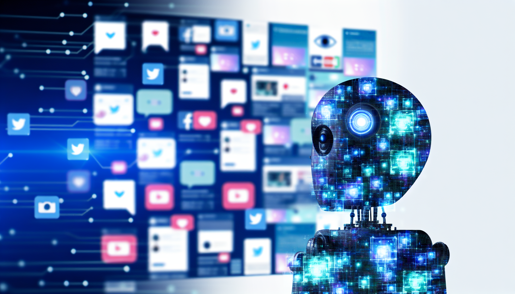 Erstellen Sie ein Bild, das das Konzept der Erstellung von Inhalten fÃ¼r soziale Medien mithilfe von kÃ¼nstlicher Intelligenz darstellt. Dies kÃ¶nnte eine Visualisierung eines KI-Bots umfassen, der eine Vielzahl von Bildschirmen zeigt, auf denen verschiedene soziale Medienplattformen angezeigt werden. Auf diesen Bildschirmen erstellt und verÃ¶ffentlicht die KI Inhalte wie BlogbeitrÃ¤ge, Tweets, Bilder, Videos usw.