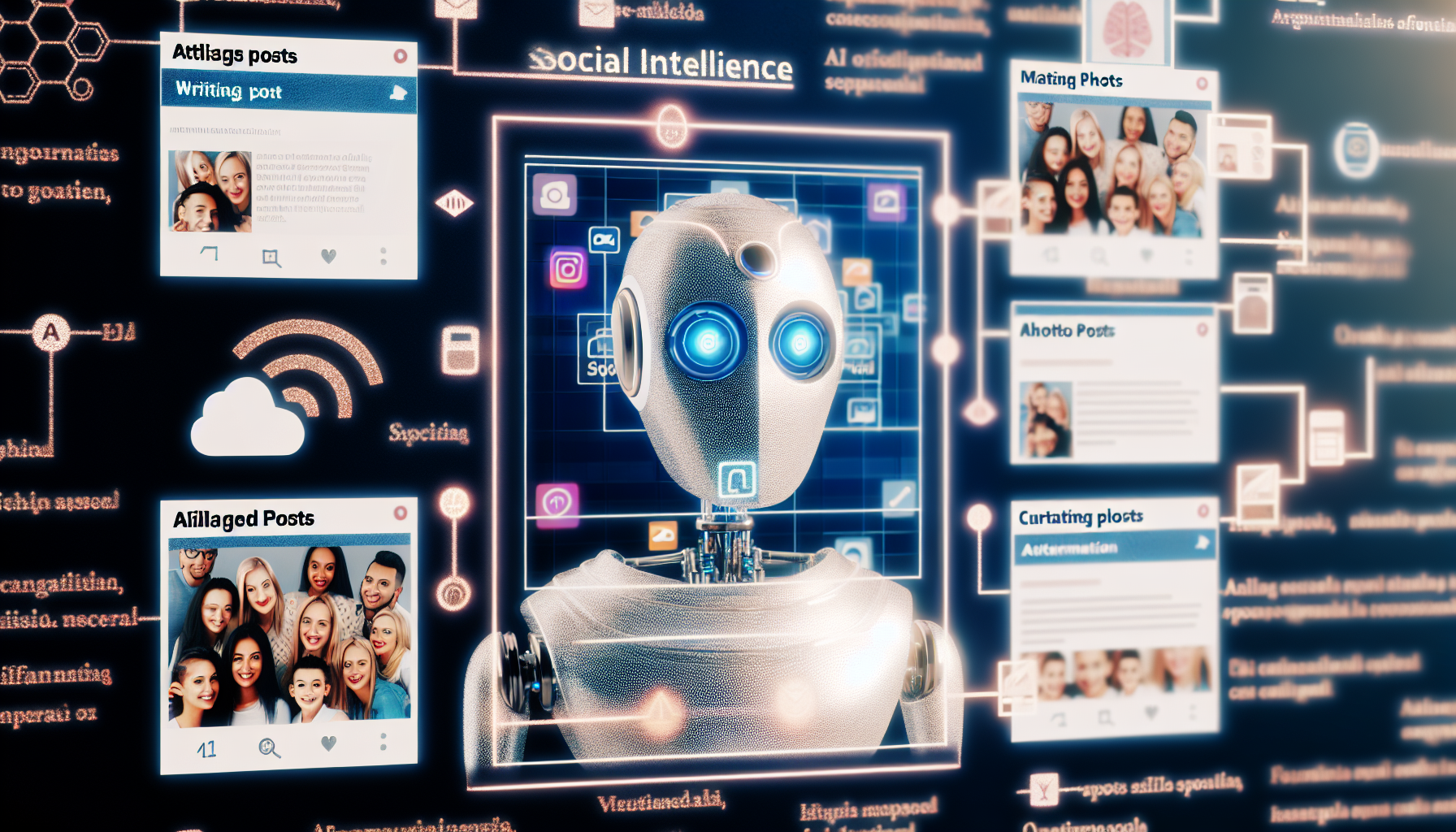 Erstellen Sie ein Bild, das ein Konzept von kÃ¼nstlicher Intelligenz zeigt, die zur Erstellung von Inhalten fÃ¼r soziale Medien genutzt wird. Die KI kÃ¶nnte visuell als futuristische Maschine dargestellt werden, die mehrere Bildschirme hat, auf denen verschiedene Arten von Social-Media-BeitrÃ¤gen angezeigt werden. Sie kÃ¶nnte in verschiedenen AktivitÃ¤ten engagiert sein, wie das Schreiben von BlogbeitrÃ¤gen, das Verwalten von Foto-Uploads, das Kuratieren von Playlists und das Analysieren von Engagement-Metriken. Achten Sie darauf, Vielfalt in den dargestellten Social-Media-Nutzern zu zeigen, indem Sie BeitrÃ¤ge von verschiedenen Geschlechtern und Ethnien einbeziehen.