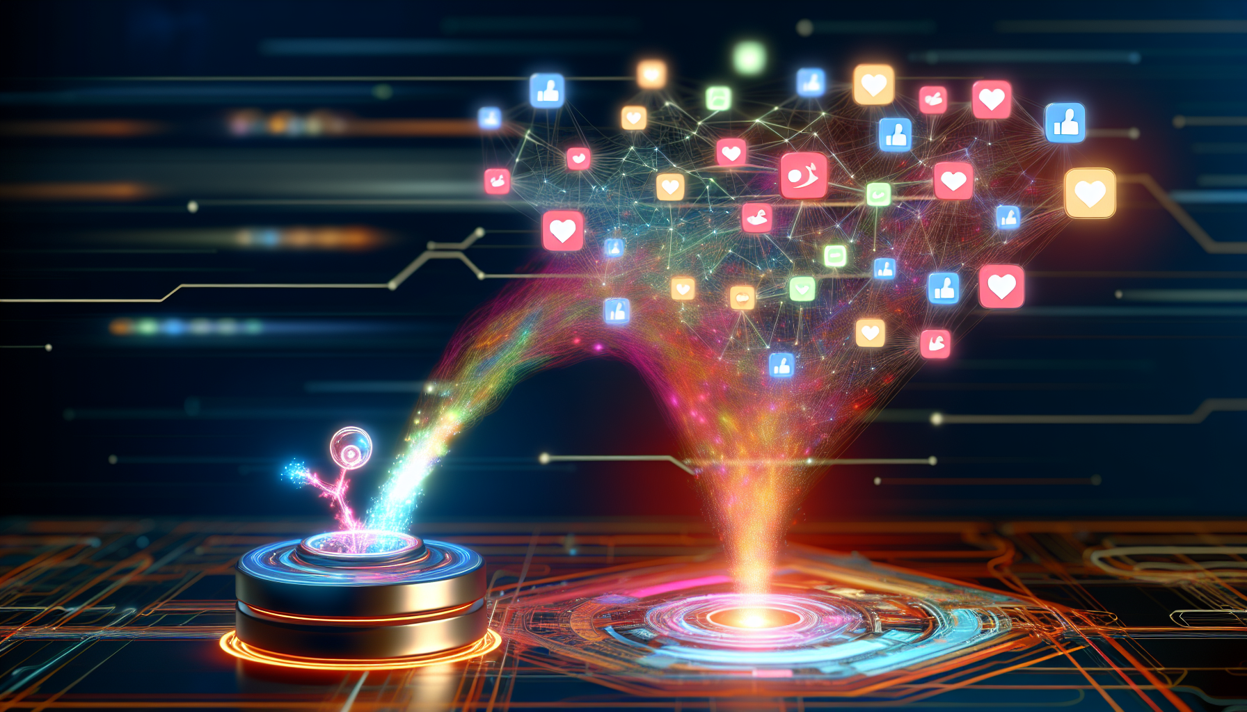 Erstellen Sie eine Visualisierung von kÃ¼nstlicher Intelligenz, die Inhalte fÃ¼r eine Social-Media-Plattform generiert. Zeigen Sie eine futuristische Maschine mit leuchtenden Elementen, die mit einer abstrakten Darstellung eines sozialen Netzwerks interagiert. Die Maschine kÃ¶nnte StrÃ¶me von bunten Daten oder digitalen Symbolen freisetzen, die BeitrÃ¤ge, Shares, Likes und Kommentare reprÃ¤sentieren. Das soziale Netzwerk sollte dynamisch sein, vielleicht dargestellt als verschiedene miteinander verbundene Knoten und flieÃŸende DatenstrÃ¶me. Stellen Sie sicher, dass die Szene ein GefÃ¼hl von Fortschritt und Innovation in der Technologie vermittelt.
