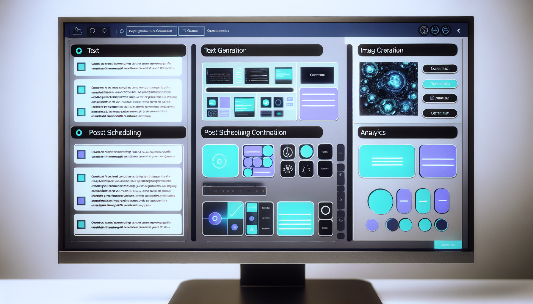 Erstellen Sie ein Bild einer ComputeroberflÃ¤che, die verschiedene Werkzeuge zur Erstellung von Inhalten fÃ¼r soziale Medien mithilfe von kÃ¼nstlicher Intelligenz zeigt. Zeigen Sie spezifische Abschnitte fÃ¼r Textgenerierung, Bilderstellung, Planung von BeitrÃ¤gen und Analysen. Arrangieren Sie diese Werkzeuge in einer intuitiven und benutzerfreundlichen Weise, mit einem Farbschema aus kÃ¼hlen Blau- und GrautÃ¶nen. Auf dem Bildschirm sollten Beispiele fÃ¼r KI-generierte Text- und Bildinhalte angezeigt werden. Die Sprache auf der OberflÃ¤che sollte Englisch sein.