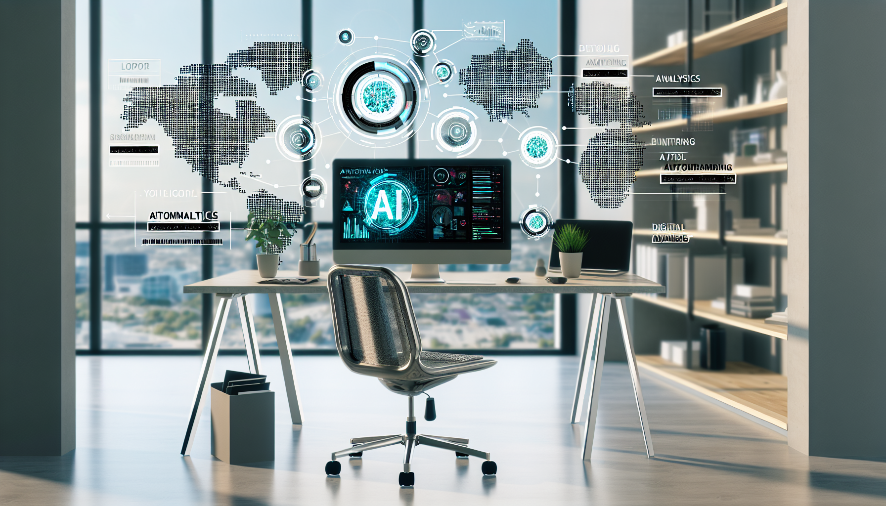Erstellen Sie ein Bild, das den Prozess der Erstellung von Inhalten fÃ¼r soziale Medien mithilfe von kÃ¼nstlicher Intelligenz darstellt. Visualisieren Sie einen modernen, eleganten Arbeitsplatz mit einer KI-OberflÃ¤che auf dem Computerbildschirm, die verschiedene Werkzeuge zur Inhaltserstellung anzeigt. FÃ¼gen Sie Analysegrafiken, Brainstorming-Ideen, automatisierte Textverfassungsbereiche und digitale Designvorlagen hinzu. Der Arbeitsplatz befindet sich in einem hellen, offenen BÃ¼roraum, der moderne technische Accessoires, Zimmerpflanzen fÃ¼r einen Hauch von GrÃ¼n und einen Blick auf die Stadt durch ein groÃŸes Fenster aus Glas bietet. Stellen Sie sicher, dass futuristische Elemente integriert sind, um die KI-Technologie darzustellen.
