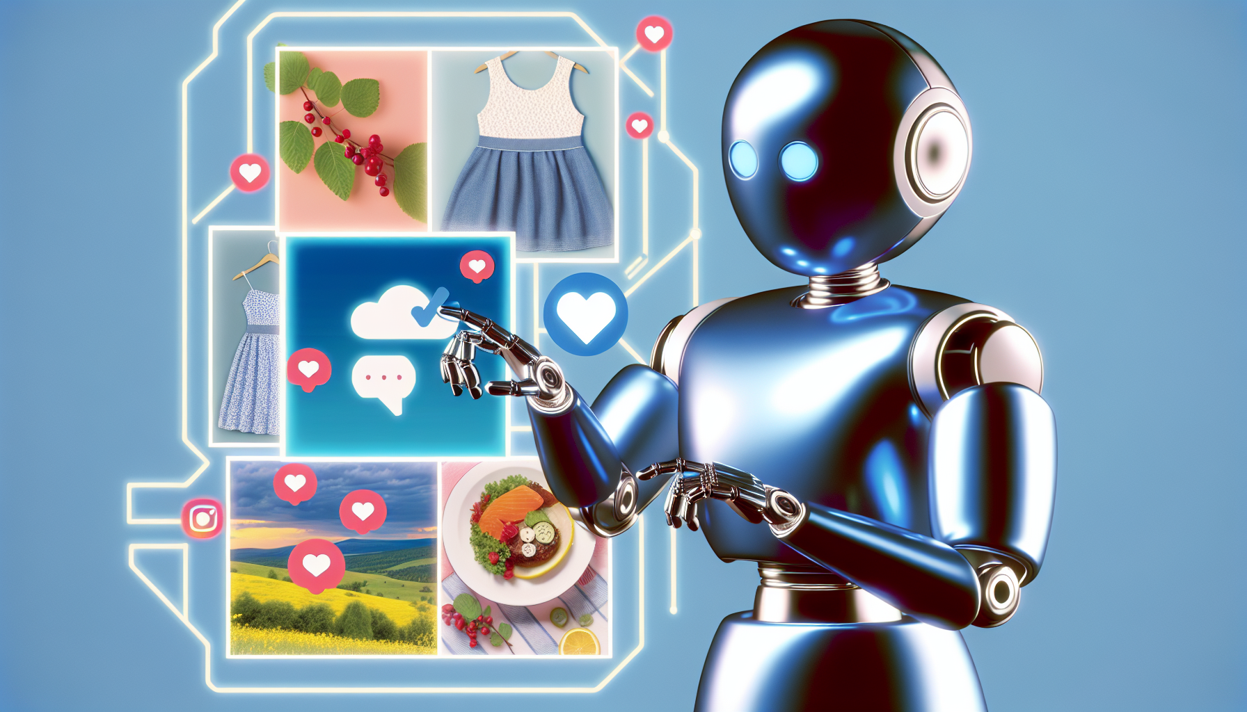 Eine Illustration, die die Verwendung von kÃ¼nstlicher Intelligenz bei der Erstellung von Inhalten fÃ¼r soziale Medien demonstriert. Das Bild sollte digitale Symbole zeigen, die reprÃ¤sentativ fÃ¼r beliebte soziale Medienplattformen sind, wie ein Herz fÃ¼r 'Likes', eine Sprechblase fÃ¼r 'Kommentare' und ein Teilen-Symbol. In der Mitte sollte ein polierter KI-Roboter dargestellt werden, der einen Touchscreen auf seiner Brust hat, auf dem verschiedene Arten von Inhalten angezeigt werden: eine malerische Landschaft, ein trendiges Modeartikel und ein kulinarisches Gericht. Der Roboter arrangiert aktiv diese Elemente, was seine Rolle bei der Inhaltserstellung symbolisiert.