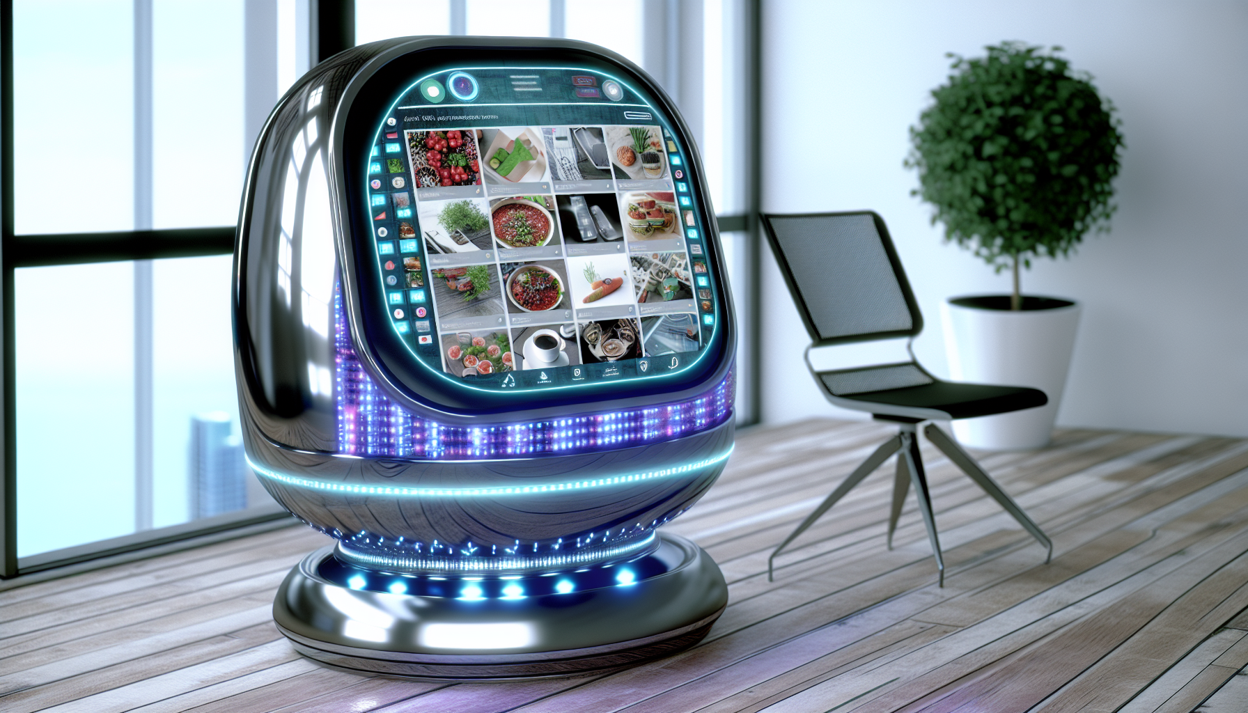 Erstellen Sie ein Bild eines futuristischen kÃ¼nstlichen IntelligenzgerÃ¤ts, das Inhalte fÃ¼r soziale Medien generiert. Es handelt sich um ein schlankes und glÃ¤nzendes MetallgerÃ¤t mit zahlreichen LED-Lichtern, die rhythmisch blinken. Auf seinem hochauflÃ¶senden Bildschirm sind eine Vielzahl von unterschiedlichen BeitrÃ¤gen Ã¼ber Essen, Reisen, Mode und Technologie zu sehen. Das KI-GerÃ¤t befindet sich in einer gut beleuchteten, modernen Innenumgebung, mit einem groÃŸen, sauberen Holztisch, einem bequemen ergonomischen Stuhl und Topfpflanzen, die einen Hauch von GrÃ¼n hinzufÃ¼gen.