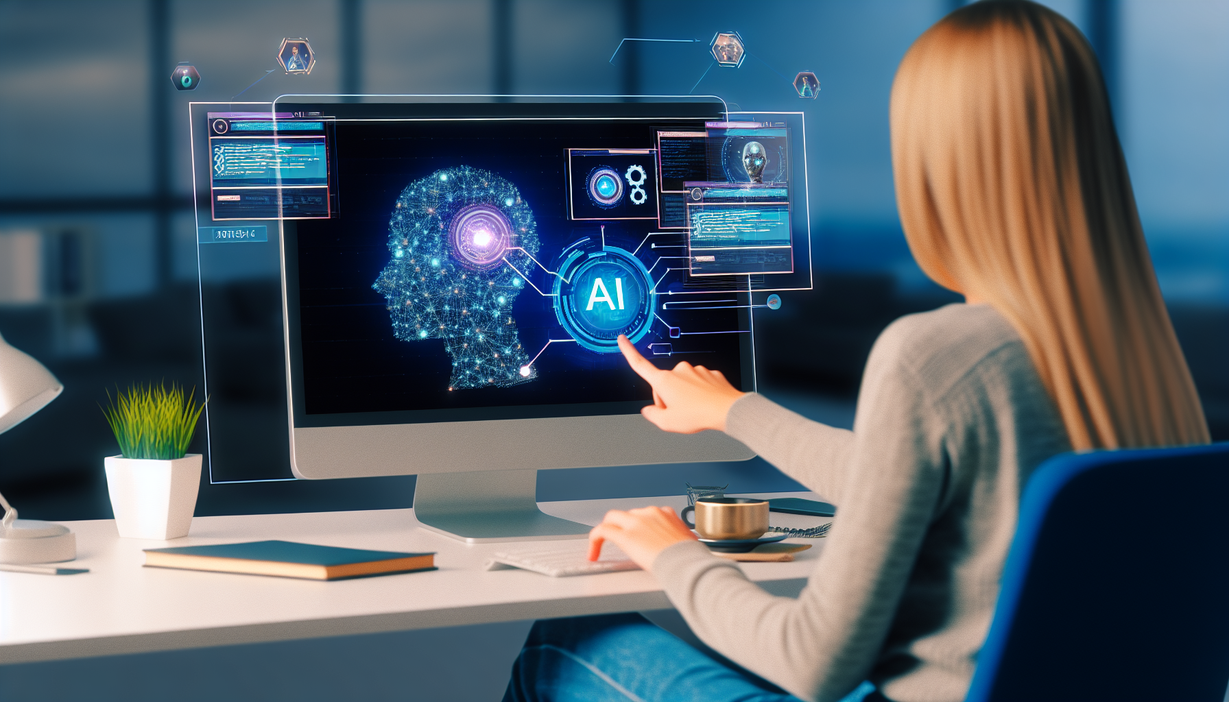 Erstellen Sie ein Bild, das den Prozess der Erstellung von Inhalten fÃ¼r soziale Medien mit Hilfe von kÃ¼nstlicher Intelligenz darstellt. Die Szene sollte einen Computerbildschirm zeigen, der eine Art KI-BenutzeroberflÃ¤che anzeigt, eine futuristische Umgebung, um innovative Technologien zu unterstreichen, und eine kaukasische Frau, die an ihrem Schreibtisch sitzt und an einem Laptop arbeitet, um diese Inhalte zu erstellen.
