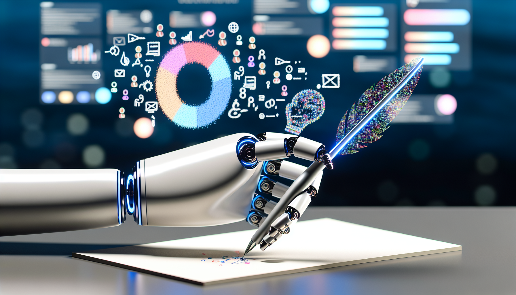 Erstellen Sie ein Bild eines KÃ¼nstlichen Intelligenzprogramms, das Inhalte fÃ¼r eine Social-Media-Website generiert. Die KI sollte als futuristischer Roboterarm dargestellt werden, der einen stilisierten Federkiel hÃ¤lt. Der Roboterarm sollte aus glÃ¤nzendem Silbermetall mit blauen Neonlichtern bestehen. Er sollte dabei zu sehen sein, wie er eine bunte Infografik skizziert, die verschiedene Daten in abstrakter Form enthÃ¤lt, wie Balkendiagramme, Tortendiagramme und kurze Texte. Der Hintergrund kÃ¶nnte einen flachen, sauberen Schreibtisch mit einem hellen digitalen Bildschirm zeigen, der einige Feeds einer Social-Media-Seite anzeigt.