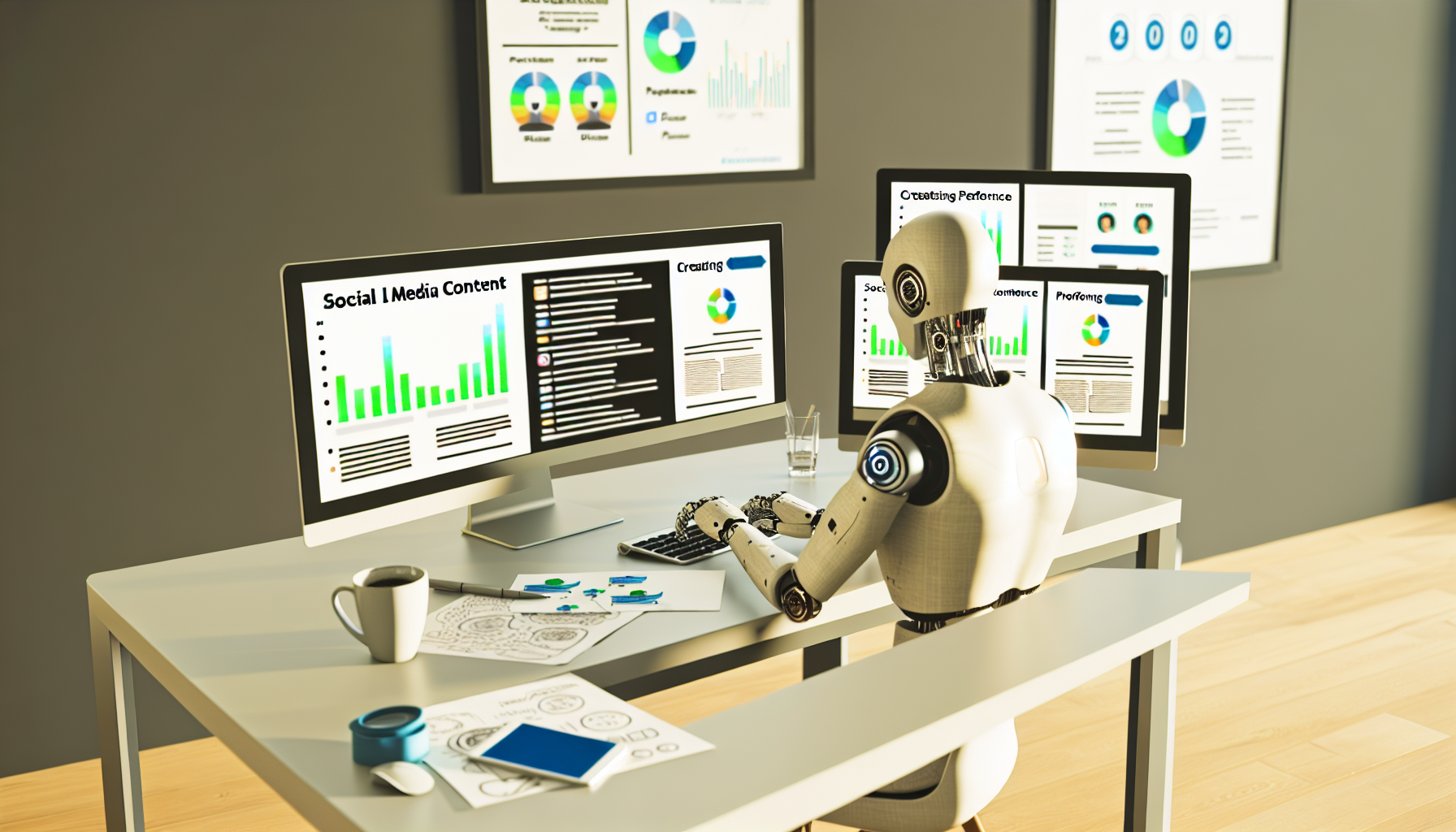 Erstellen Sie ein Bild, das das Konzept der Erstellung von Inhalten fÃ¼r soziale Medien mithilfe von kÃ¼nstlicher Intelligenz darstellt. Die Szene sollte einen humanoiden Roboter zeigen, der an einem Arbeitsplatz mit mehreren Monitoren sitzt, auf denen verschiedene soziale Medienplattformen angezeigt werden. Der Roboter hat kaukasische Abstammung und mÃ¤nnliches Geschlecht, tippt auf der Tastatur, analysiert Leistungsstatistiken auf einem Bildschirm und entwirft einen Beitrag auf einem anderen. Auf dem Schreibtisch befinden sich eine Kaffeetasse, Papiere mit Diagrammen, ein digitaler Stift und eine hochmoderne Maus. Der Raum sollte eine moderne BÃ¼roumgebung sein.