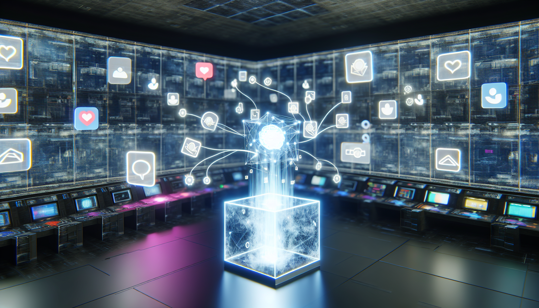 Stellen Sie sich eine futuristische Kontrollzentrale vor, in der kÃ¼nstliche Intelligenz zur Erstellung von Inhalten fÃ¼r soziale Medien eingesetzt wird. Der Raum ist mit groÃŸen Monitoren und virtuellen Schnittstellen ausgestattet, die verschiedene soziale Medienplattformen anzeigen. Schwebende holografische Symbole, Diagramme und Daten sind Ã¼berall sichtbar. In der Mitte schwebt eine wÃ¼rfelfÃ¶rmige KI-EntitÃ¤t, die ein sanftes Leuchten ausstrahlt, und manipuliert die Hologramme mit lichtdurchfluteten Tentakeln. Der Raum ist menschenleer, was die totale Kontrolle der KI Ã¼ber den Prozess verdeutlicht.