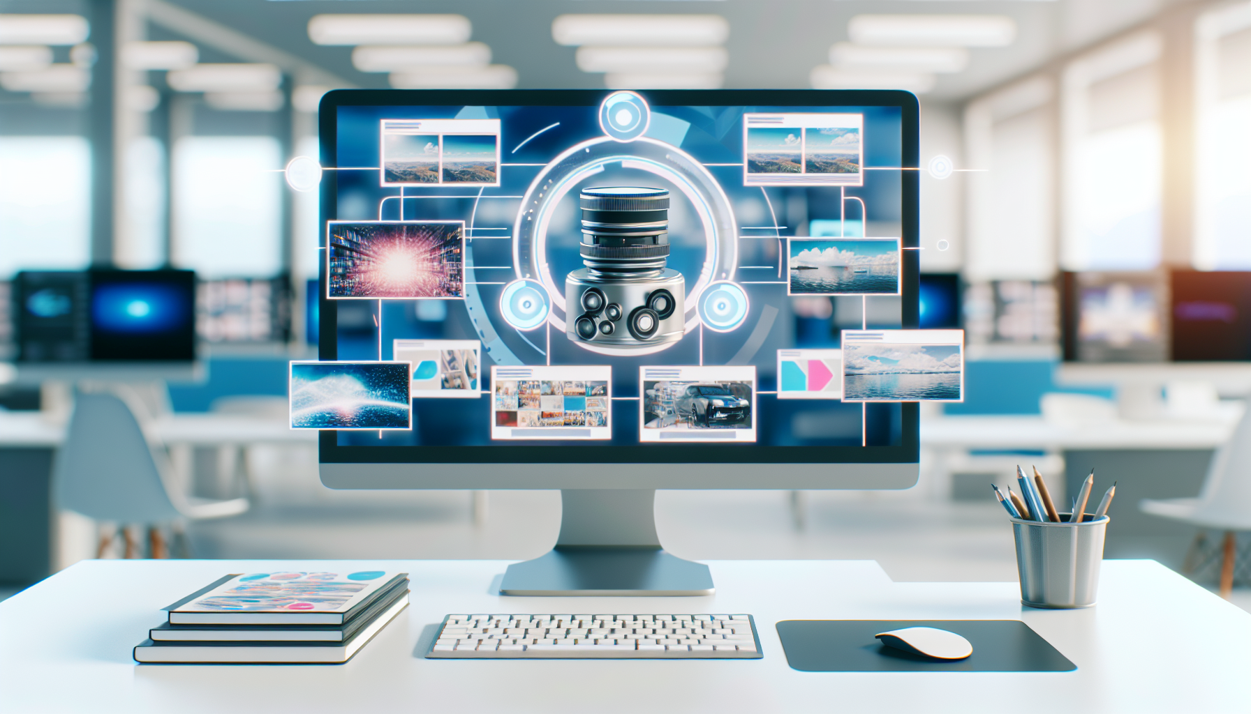 Erstellen Sie ein Bild, das eine Szene von kÃ¼nstlicher Intelligenz-Software illustriert, die vielfÃ¤ltige Inhalte fÃ¼r eine Social-Media-Plattform entwirft. Dies kann als ein ausgeklÃ¼geltes Computersystem mit mehreren Bildschirmen visualisiert werden, auf denen verschiedene Inhalte wie Kurzvideos, Blogs, Fotografie und Infografiken zu sehen sind. MÃ¶glicherweise kann das Computersystem in einem futuristischen BÃ¼roumfeld platziert werden. Es sollte auch den Prozess der Analyse von Datentrends darstellen, um personalisierte Inhalte bereitzustellen.