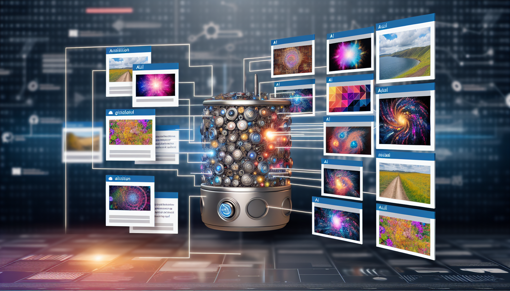 Erstellen Sie ein Bild, das ein kÃ¼nstliches Intelligenzsystem darstellt, das Inhalte fÃ¼r soziale Medien generiert. Die KI-Maschine kÃ¶nnte ein futuristisches, metallisches Design haben, mit mehreren Bildschirmen, die Beispiele fÃ¼r die generierten Inhalte anzeigen, wie Fotografien, TextbeitrÃ¤ge und digitale Kunst. Diese Bildschirme sind mit verschiedenen Arten von Inhalten gefÃ¼llt, darunter Naturfotografie, abstrakte digitale Kunst und interessante Textinhalte zu verschiedenen Themen. FÃ¼gen Sie eine visuelle Darstellung der virtuellen Datenverarbeitung im Hintergrund hinzu.
