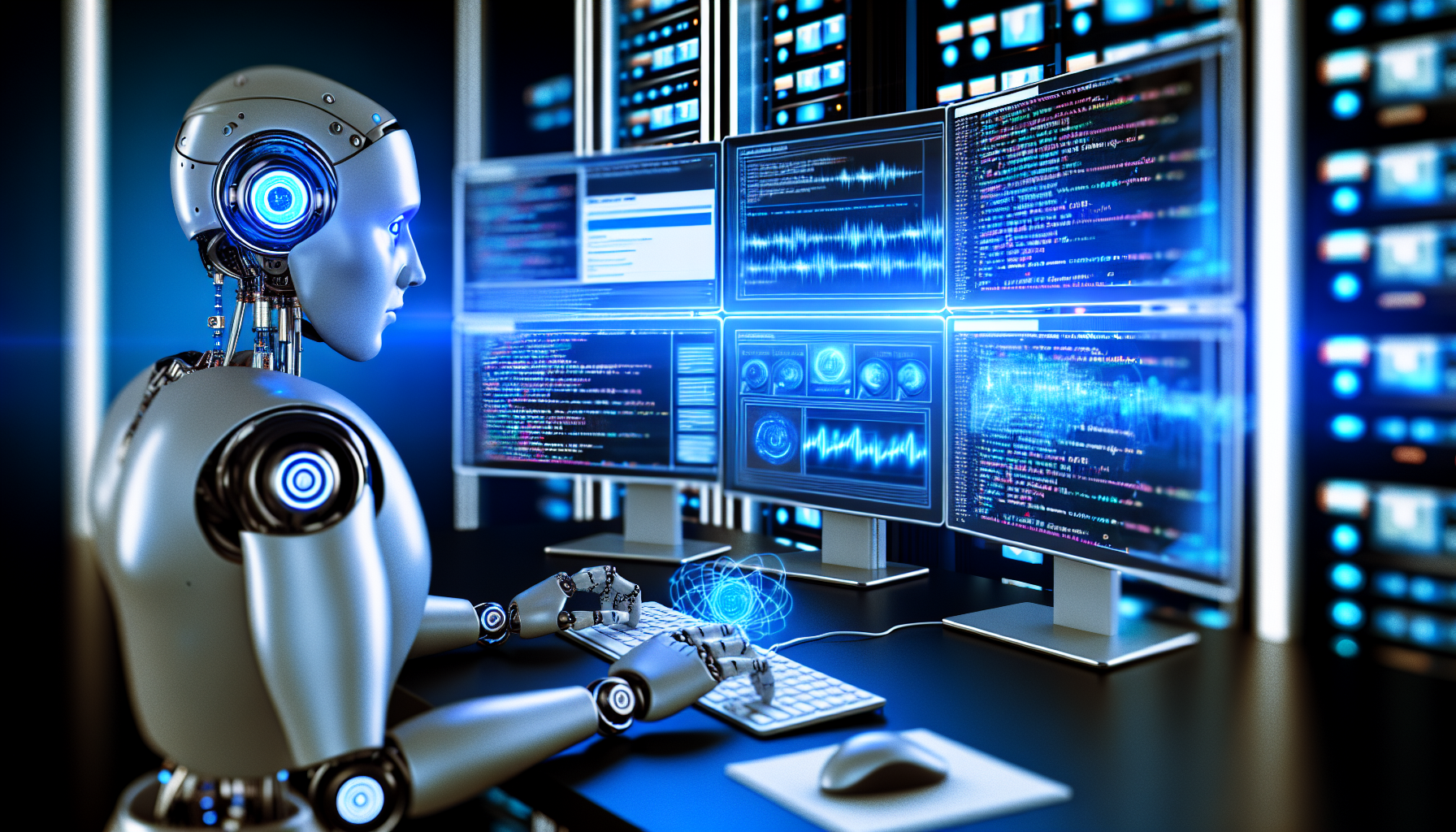 Erstellung von Inhalten fÃ¼r soziale Medien mit Hilfe von kÃ¼nstlicher Intelligenz. Eine futuristische Szene, in der ein humanoider Roboter mit einer Mischung aus Stahl- und Silikonhaut vor einem ausgeklÃ¼gelten Computersystem sitzt. Ãœber mehrere Bildschirme flieÃŸen Codezeilen, soziale MedienbeitrÃ¤ge werden automatisch generiert und Analysegrafiken passen sich dynamisch an. Ein Hauch von kÃ¼hlem blauen Licht erleuchtet den Raum. Die Augen des Roboters verfolgen die Daten mit intensiver Konzentration, seine Finger tippen schnell auf der fortschrittlichen Tastatur und tragen zur Symphonie der technologischen Revolution bei. Eine Reihe von Server-Racks im Hintergrund summt vor Energie und signalisiert eine Verbindung zur Cloud.