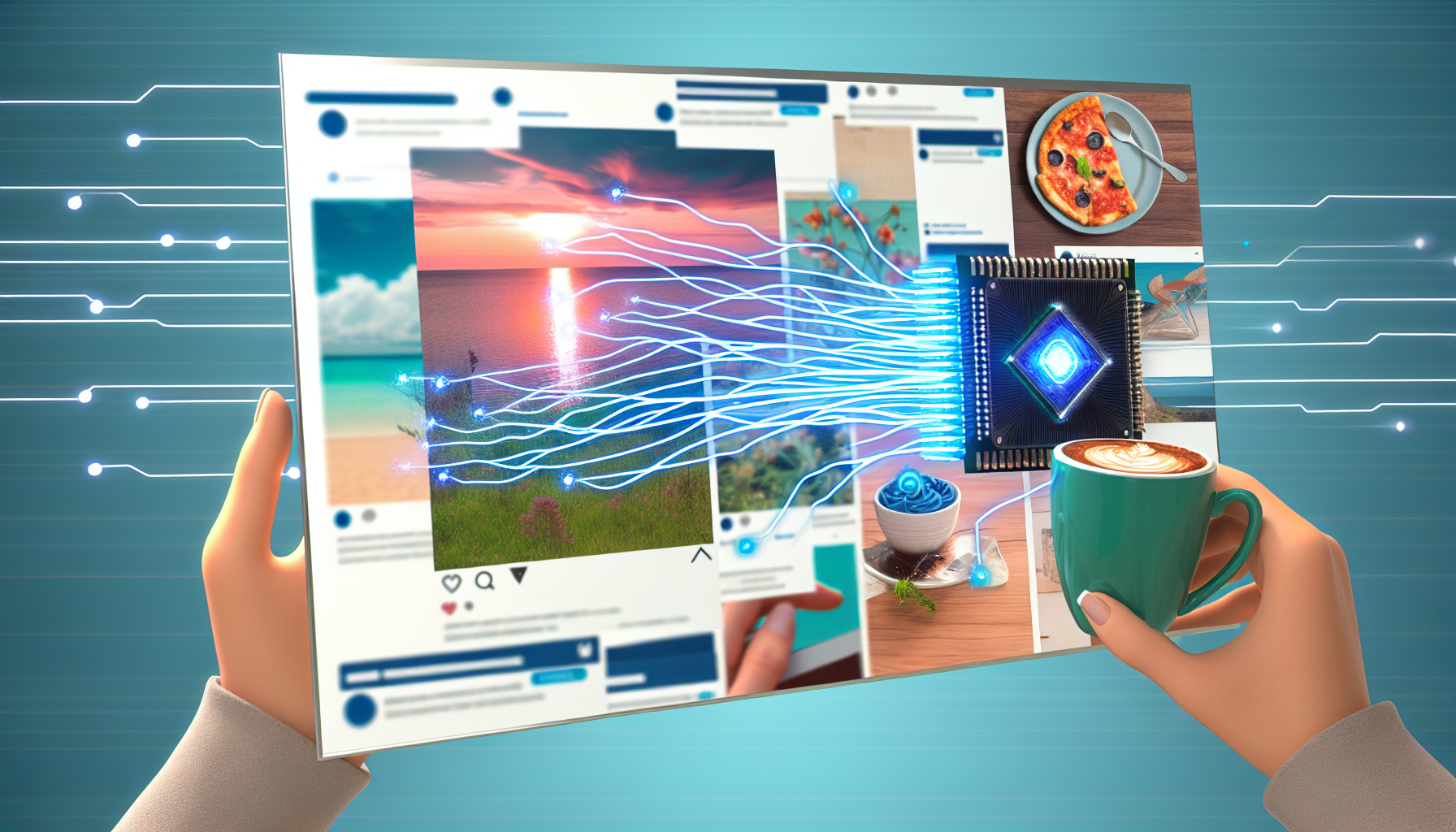 Erstellen Sie eine Visualisierung, die zeigt, wie kÃ¼nstliche Intelligenz Inhalte fÃ¼r soziale Medien erstellt. Auf der einen Seite sehen wir einen Bildschirm mit verschiedenen BeitrÃ¤gen, darunter ein Sonnenuntergang am Strand, ein StÃ¼ck Pizza und eine Kaffeetasse auf einem Schreibtisch. Auf der anderen Seite arbeitet ein KI-Chip, der von menschlicher Einwirkung getrennt ist. Blaue Codezeilen strÃ¶men vom KI-Chip in die Social-Media-BeitrÃ¤ge und zeigen seine Rolle bei deren Erstellung an.