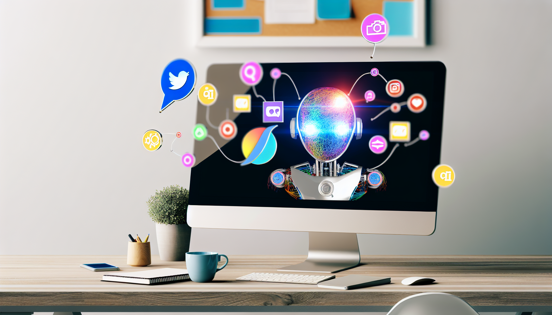 Erstellen Sie ein Bild, das Software fÃ¼r kÃ¼nstliche Intelligenz zeigt, die Inhalte fÃ¼r soziale Medien erstellt. Stellen Sie sich einen modernen Technologiearbeitsplatz vor. Es gibt einen eleganten, silbernen Computer mit mehrfarbigen Grafiken und Diagrammen auf dem Bildschirm, die zeigen, wie die KI Daten verarbeitet. AuÃŸerdem sind Icons fÃ¼r beliebte soziale Medienplattformen zu sehen, wie ein Vogel fÃ¼r eine Mikroblogging-Seite, ein Kamerasymbol fÃ¼r eine Foto-Sharing-Seite und eine Sprechblase fÃ¼r eine Messaging-Plattform. Der Raum hat auch Kaffeetassen, NotizbÃ¼cher und andere BÃ¼romaterialien, um einen realistischen Touch zu verleihen.