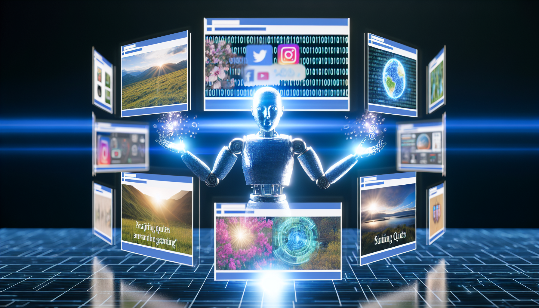 Eine Visualisierung eines fortschrittlichen KI-Systems, das verschiedene Inhalte fÃ¼r soziale Medien generiert. Die KI sollte als digitale EntitÃ¤t personifiziert werden, umgeben von holografischen Bildschirmen, die verschiedene Arten von Inhalten fÃ¼r soziale Medien anzeigen, darunter inspirierende Zitate, atemberaubende Naturfotografie, Infografiken und kurze Videoclips. Die Bildschirme sollten auch die Logos verschiedener sozialer Medienplattformen anzeigen. Die KI-EntitÃ¤t sollte fokussiert und engagiert erscheinen, wÃ¤hrend sie mit ihren digitalen HÃ¤nden die Bildschirme manipuliert. Es sollte binÃ¤rer Code von ihren HÃ¤nden zu den Bildschirmen flieÃŸen, was ihre Kontrolle Ã¼ber die Inhalte symbolisiert, die sie erstellt.