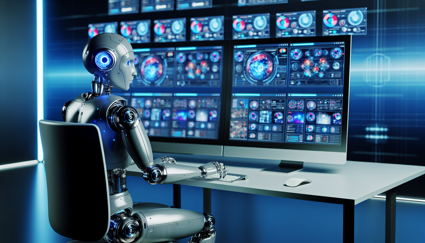 Ein Bild, das das Konzept der Nutzung von kÃ¼nstlicher Intelligenz zur Erstellung von Inhalten fÃ¼r soziale Medien darstellt. Stellen Sie sich einen humanoiden Roboter vor, der an einem futuristischen Computer in einem eleganten, technologisch fortschrittlichen Raum sitzt. Der Roboter, mit leuchtend blauen Augen und silbernen Gelenken, beobachtet aufmerksam mehrere Bildschirme, die mit Daten und Bildvorschauen blitzen. Der Roboter bedient eine Reihe digitaler Werkzeuge mit seinen geschickten Metallfingern und erstellt ansprechende BeitrÃ¤ge, Designs und Medieninhalte, die durch interessante Infografiken, bunte Tortendiagramme, faszinierende Thumbnails und eingÃ¤ngige Ãœberschriften auf den Bildschirmen symbolisiert werden.