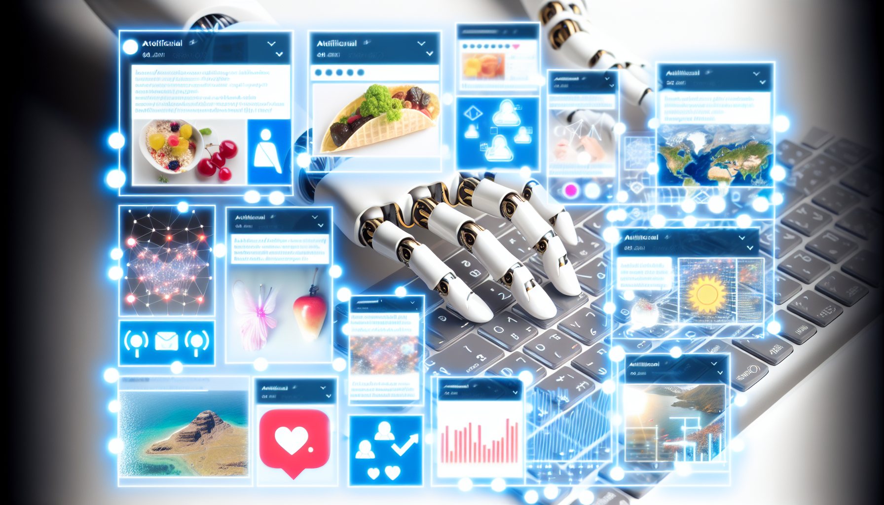 KÃ¼nstliche Intelligenz erstellt Inhalte fÃ¼r soziale Medien, bestehend aus verschiedenen BeitrÃ¤gen und Tweets mit Hashtags, Emojis und Bildern. Diese BeitrÃ¤ge behandeln Themen wie Reisen, Essen, Mode, Sport und Natur. Es gibt Darstellungen von Analyse-Pop-ups, die Likes, Shares, Kommentare und das Wachstum der Follower anzeigen. Die KÃ¼nstliche Intelligenz wird durch robotische HÃ¤nde dargestellt, die auf einer futuristischen transparenten Tastatur tippen.