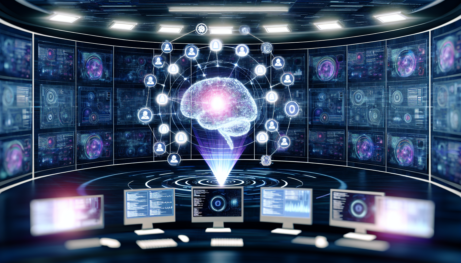 Erstellen Sie ein Bild, das das Konzept der Nutzung von KÃ¼nstlicher Intelligenz zur Generierung von Inhalten fÃ¼r soziale Medien darstellt. Es kÃ¶nnte durch einen detaillierten futuristischen Kontrollraum reprÃ¤sentiert werden, der mit Bildschirmen gefÃ¼llt ist, die verschiedene soziale Medienplattformen anzeigen. Auf diesen Bildschirmen werden dynamische Inhalte automatisch erstellt, analysiert und verÃ¶ffentlicht. Die KI selbst kann durch ein schwebendes, holografisches Gehirn in der Mitte des Raumes symbolisiert werden, das mit leuchtenden Codezeilen und Diagrammen umgeben ist, die ihre aktive Funktionsweise und Datenverarbeitung anzeigen.