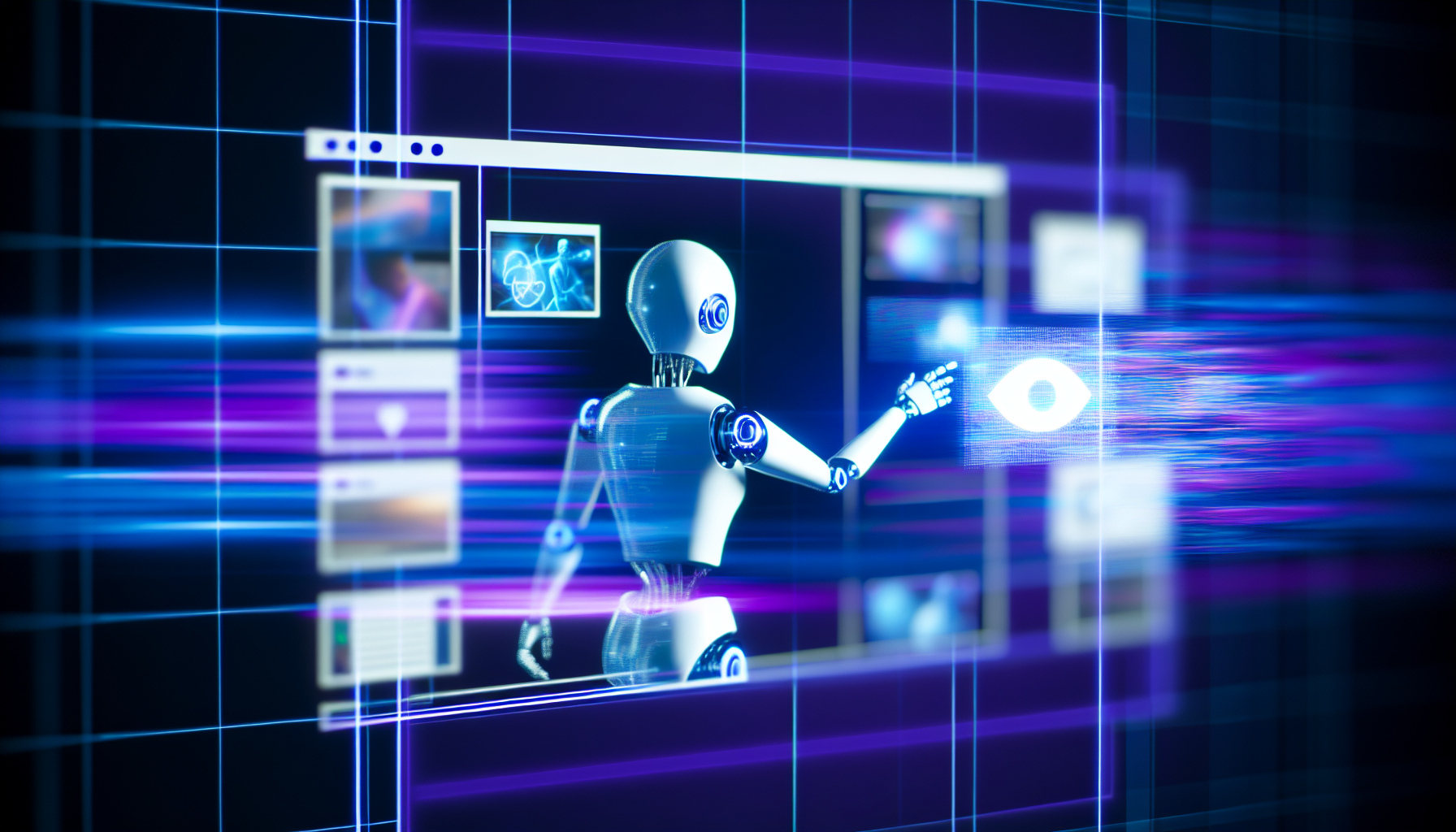Erzeuge ein Bild, das ein KÃ¼nstliche Intelligenz (KI) System darstellt, das Inhalte fÃ¼r soziale Medien erstellt. Die Szene kÃ¶nnte ein elegantes, futuristisches Computerterminal mit fortschrittlichen holografischen Schnittstellen zeigen, auf denen Daten in Echtzeit Ã¼ber den Bildschirm flieÃŸen. Vielleicht ist der virtuelle Avatar der KI, eine robotische Figur mit geschmeidigen Linien und minimalistischer Gestaltung, aktiv mit der Aufgabe beschÃ¤ftigt und schwebt Ã¼ber den multimedialen Inhalten â€“ Bilder, Textausschnitten, Emojis usw. Lassen Sie uns eine zugrunde liegende Farbpalette aus Neonblau und Lila verwenden, um die digitale Natur der Aufgabe zu verdeutlichen.